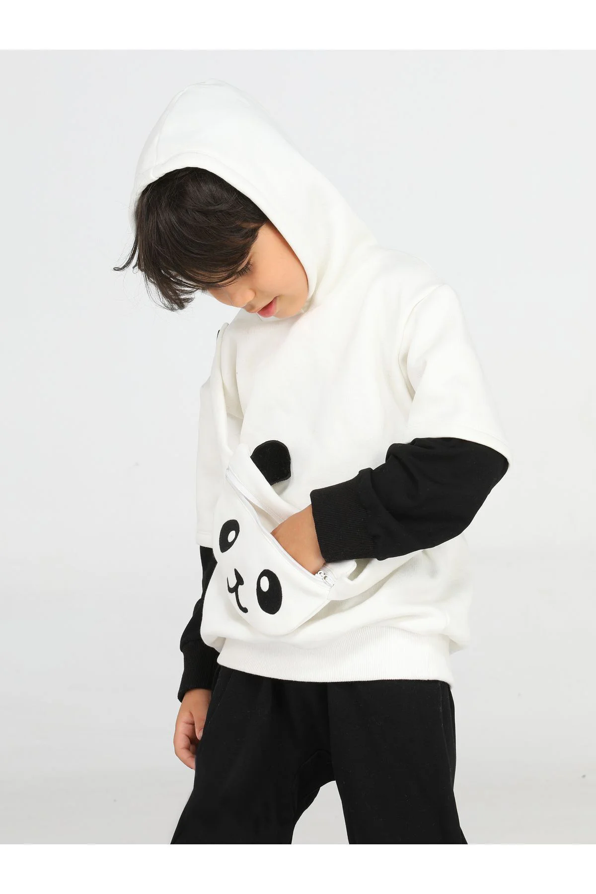 Panda Unisex Mobil Çantalı Krem Sweatshirt