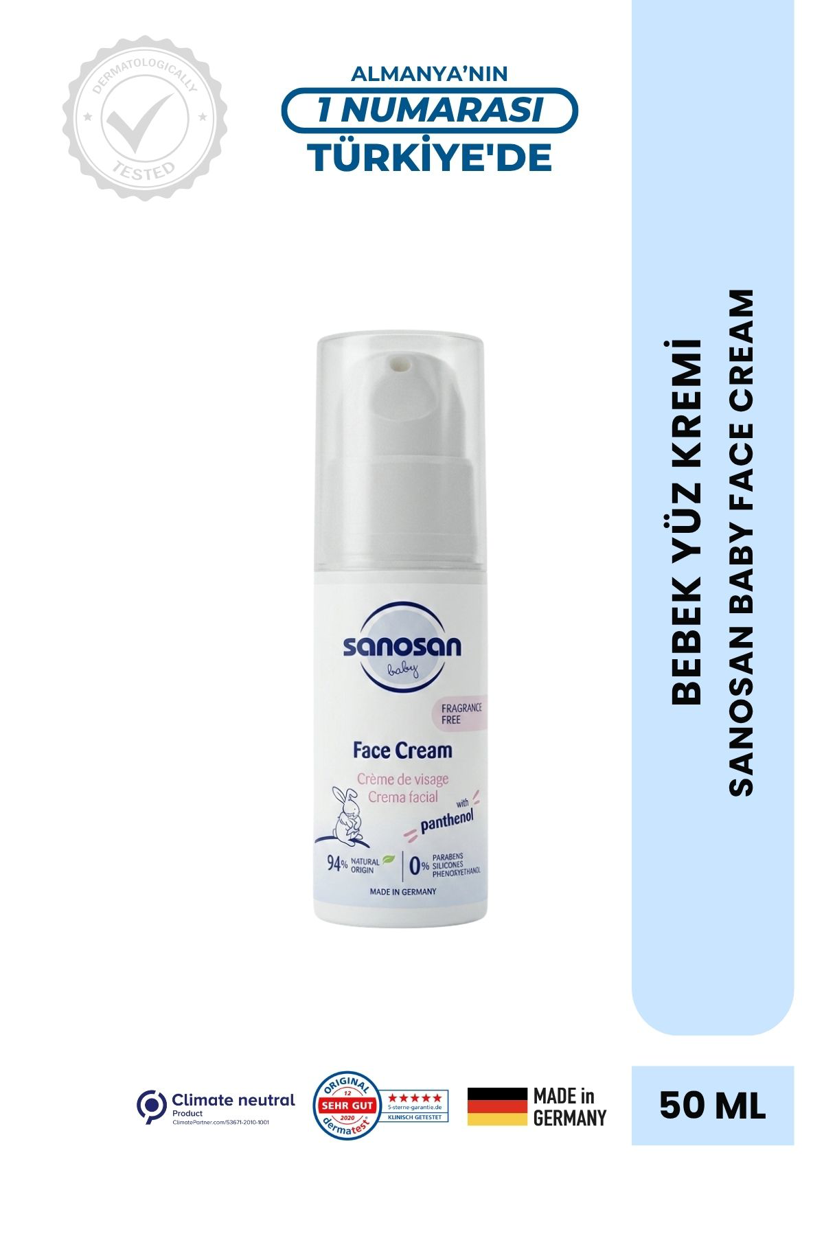 Panthenol Yüz Kremi 50 ml – Parfümsüz, Panthenol ve Allantoinli Hassas Cilt Bakım Kremi