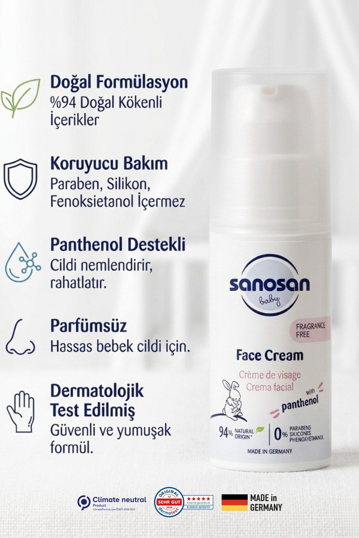 Panthenol Yüz Kremi 50 ml – Parfümsüz, Panthenol ve Allantoinli Hassas Cilt Bakım Kremi