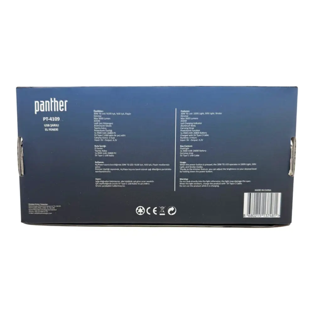PANTHER PT-4109 USB ŞARJLI EL FENERİ