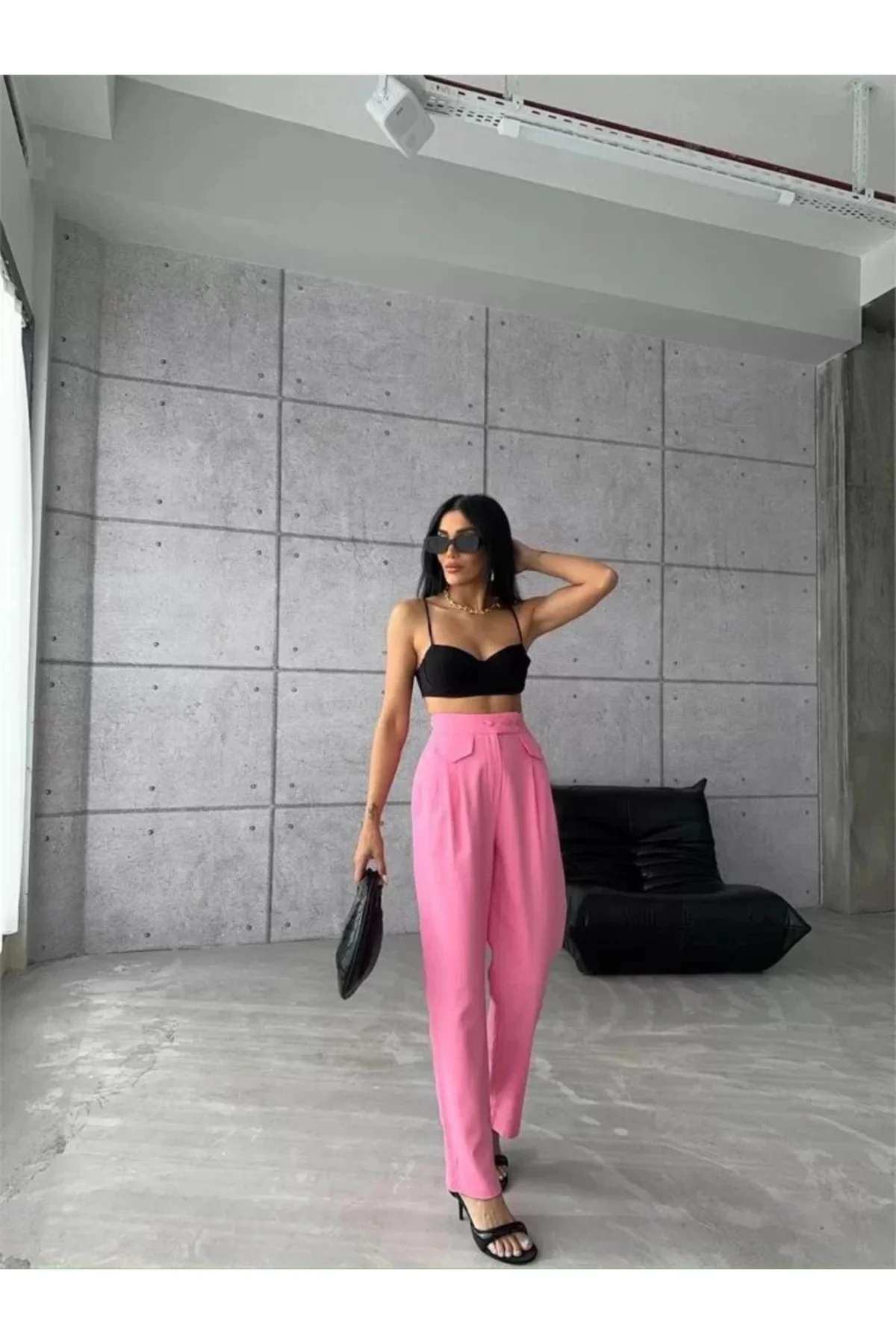 PANTOLON KAPALI CEP 3 DÜĞME DETAYLI - Pembe