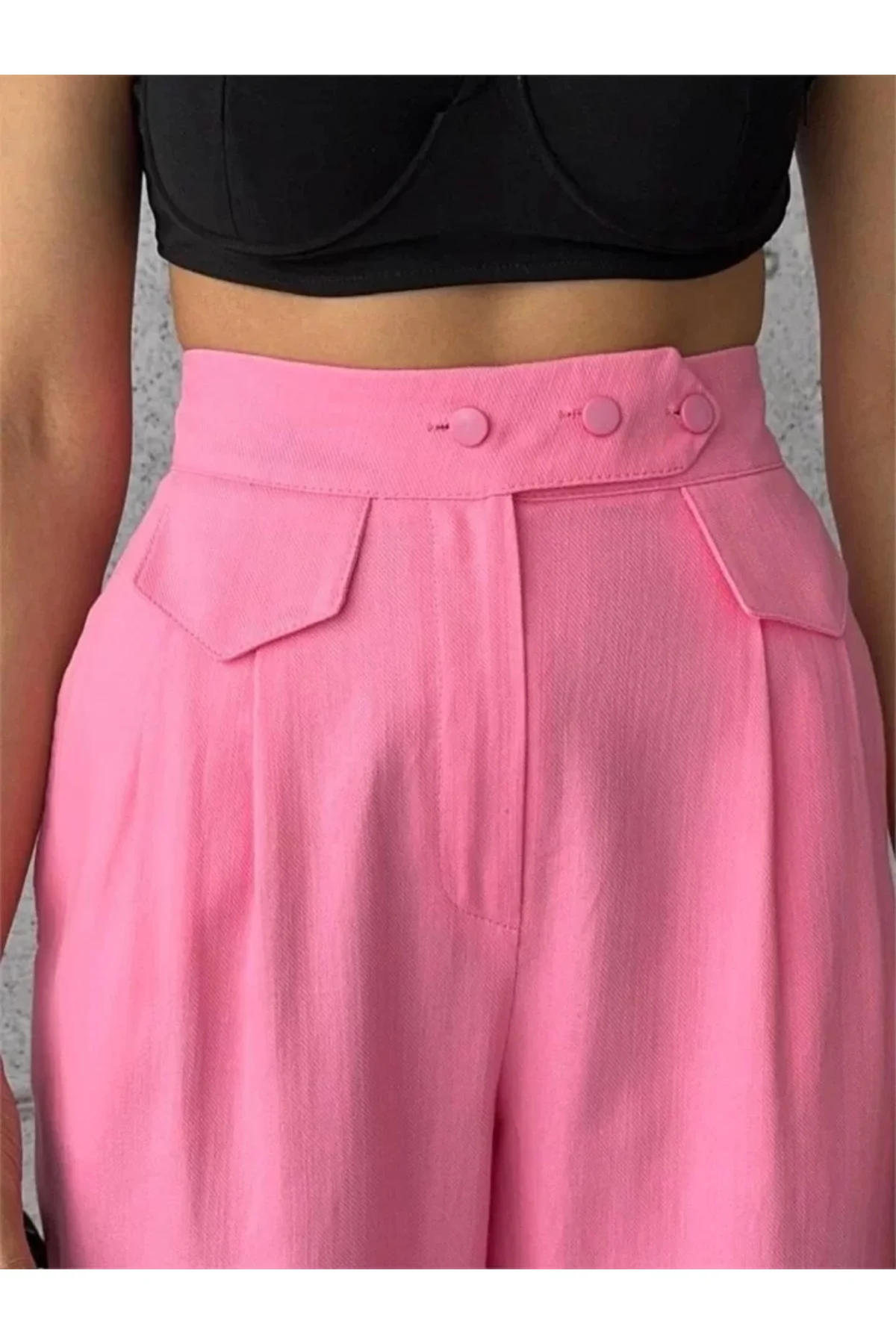 PANTOLON KAPALI CEP 3 DÜĞME DETAYLI - Pembe