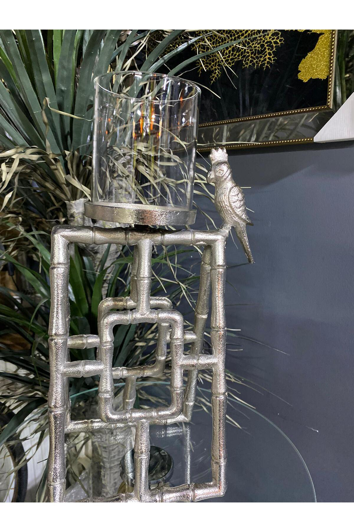 Vitale Papağanlı Gümüş 43 Cm Mumluk Şamdan