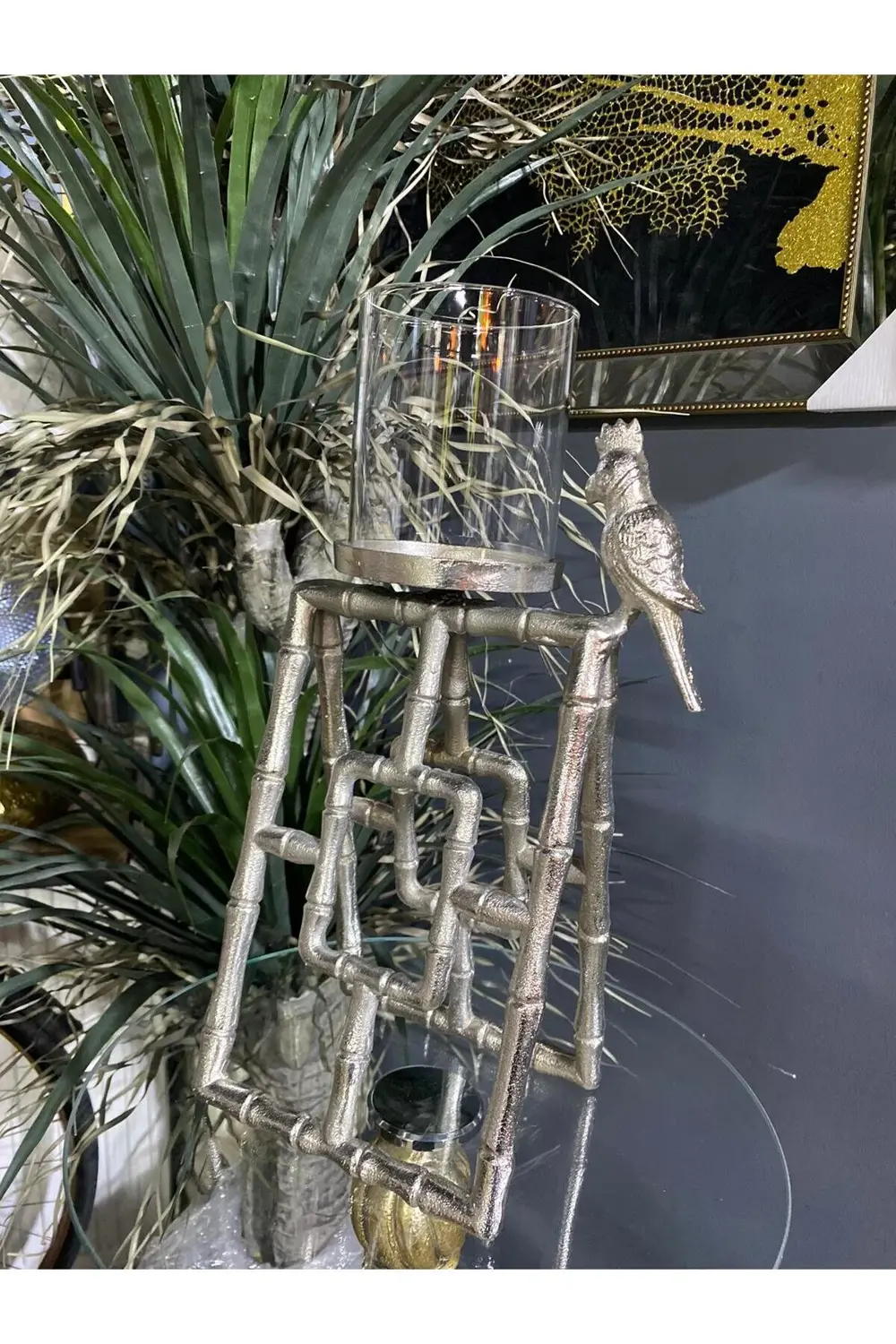 Papağanlı Gümüş 43 Cm Mumluk Şamdan