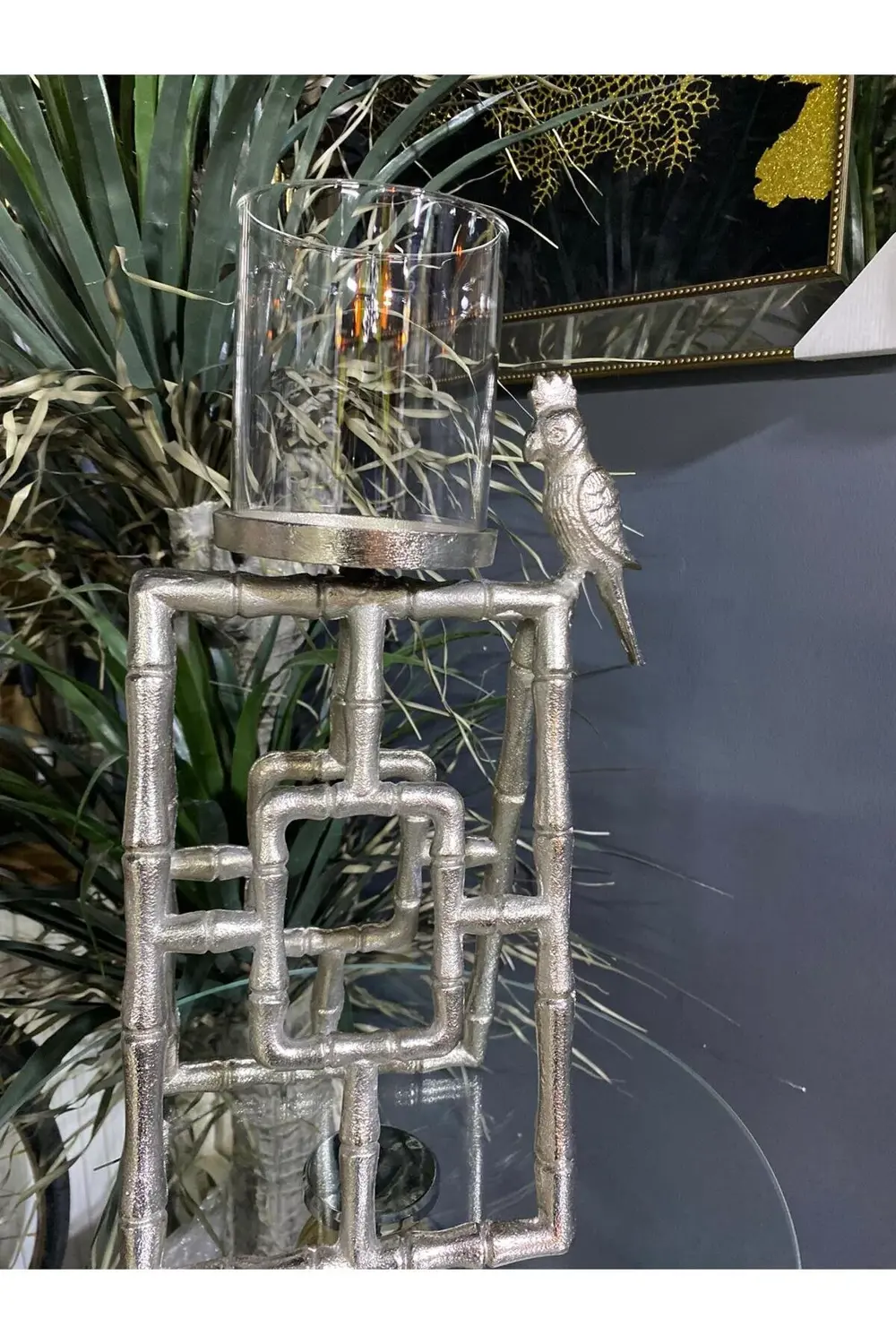 Papağanlı Gümüş 43 Cm Mumluk Şamdan