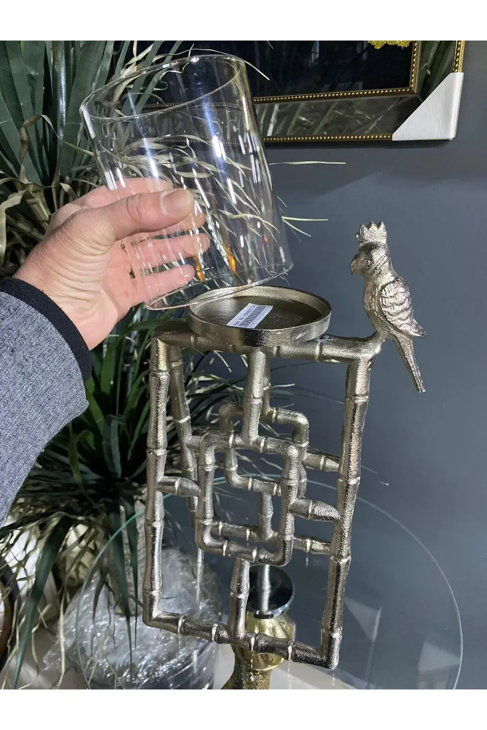 Papağanlı Gümüş 43 Cm Mumluk Şamdan