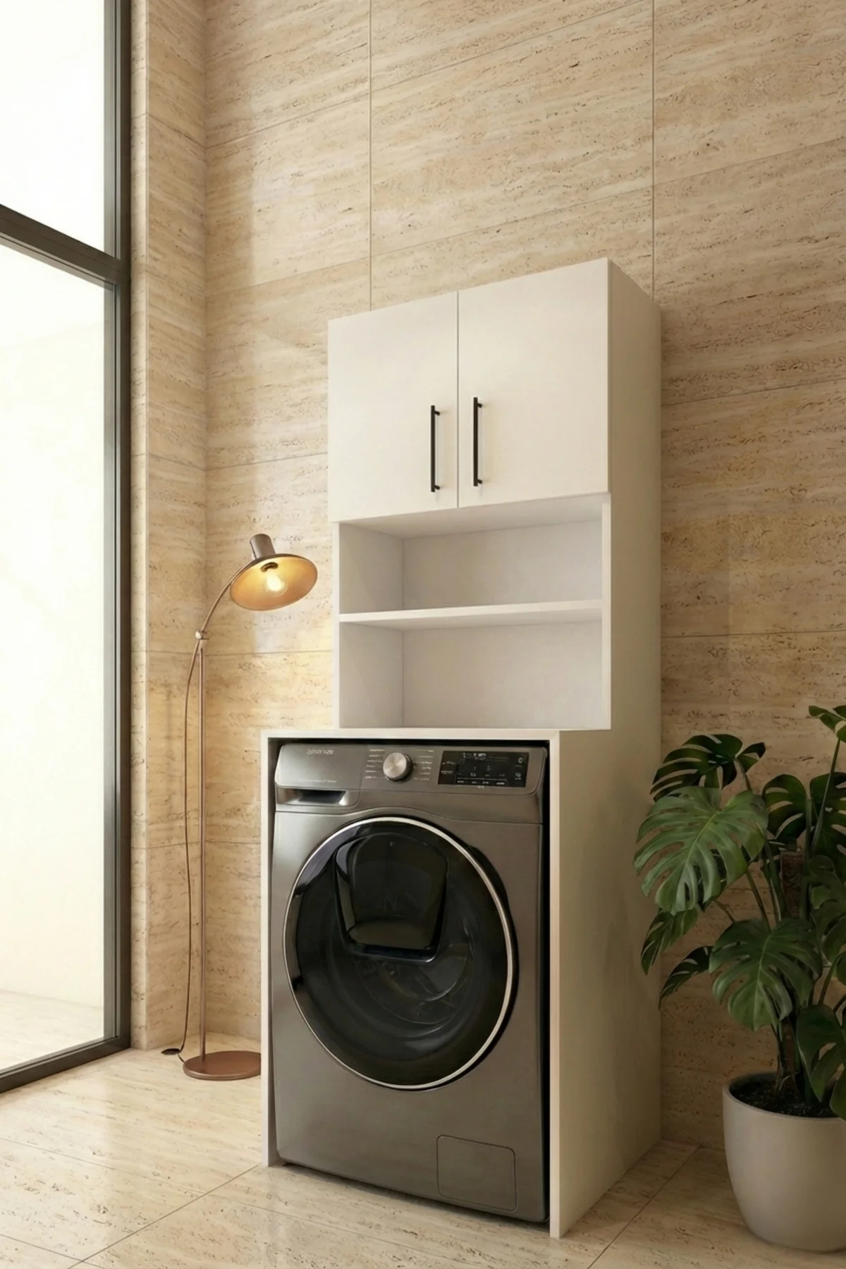 Papatya Çamaşır Makinesi Dolabı, Banyo Dolabı, 4 Raflı, Kapaklı, 