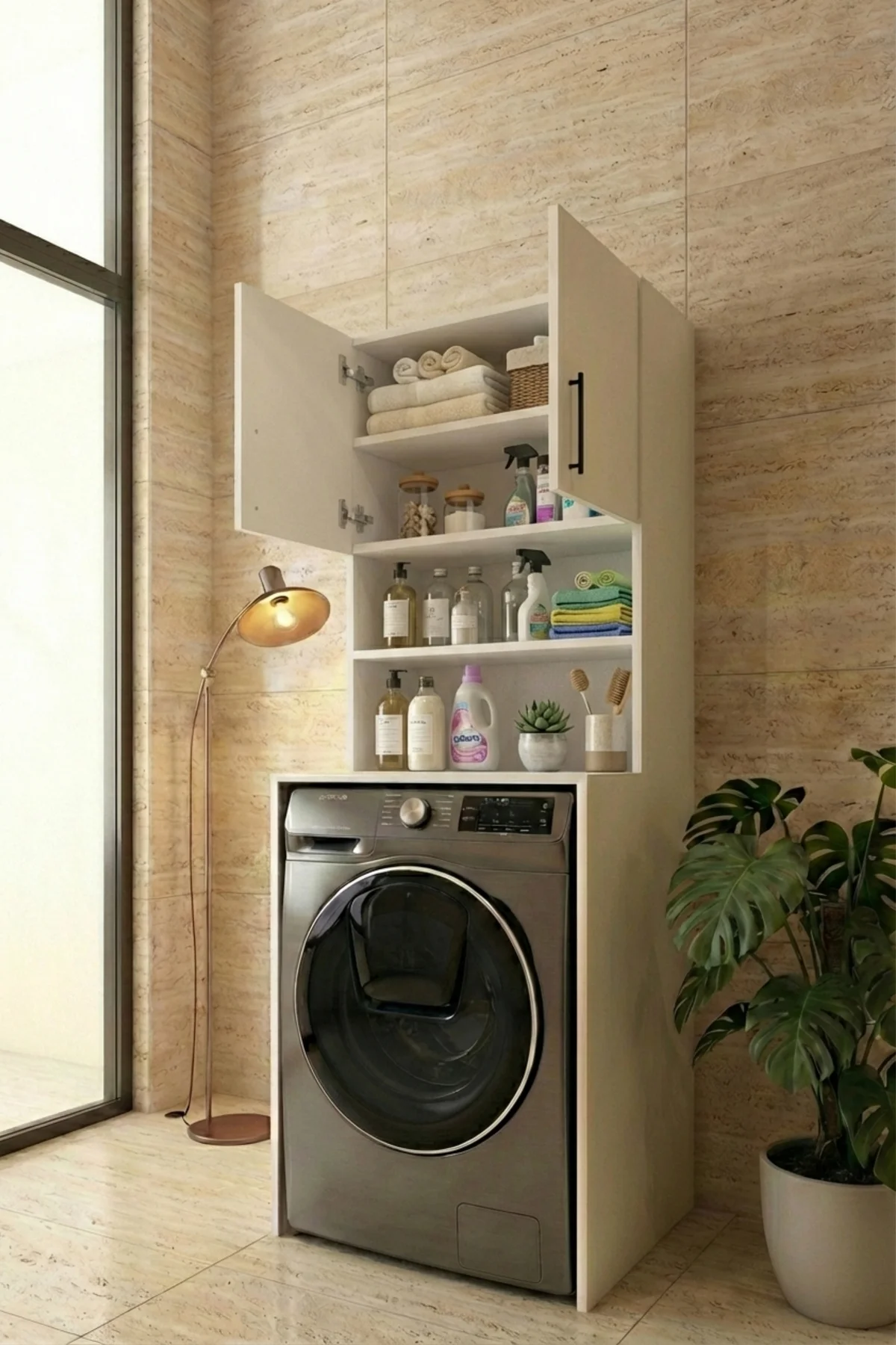 Papatya Çamaşır Makinesi Dolabı, Banyo Dolabı, 4 Raflı, Kapaklı, 