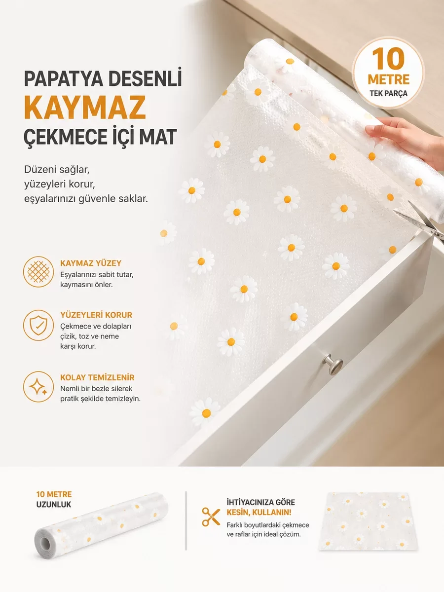 Papatya Desenli Kaymaz Dolap Ve Çekmece İçi Mat 10 Metre