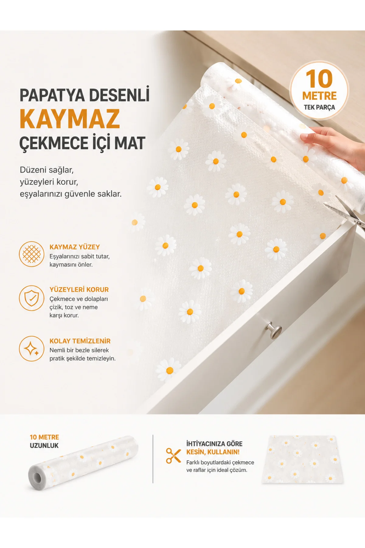 Papatya Desenli Kaymaz Dolap Ve Çekmece İçi Mat 10 Metre