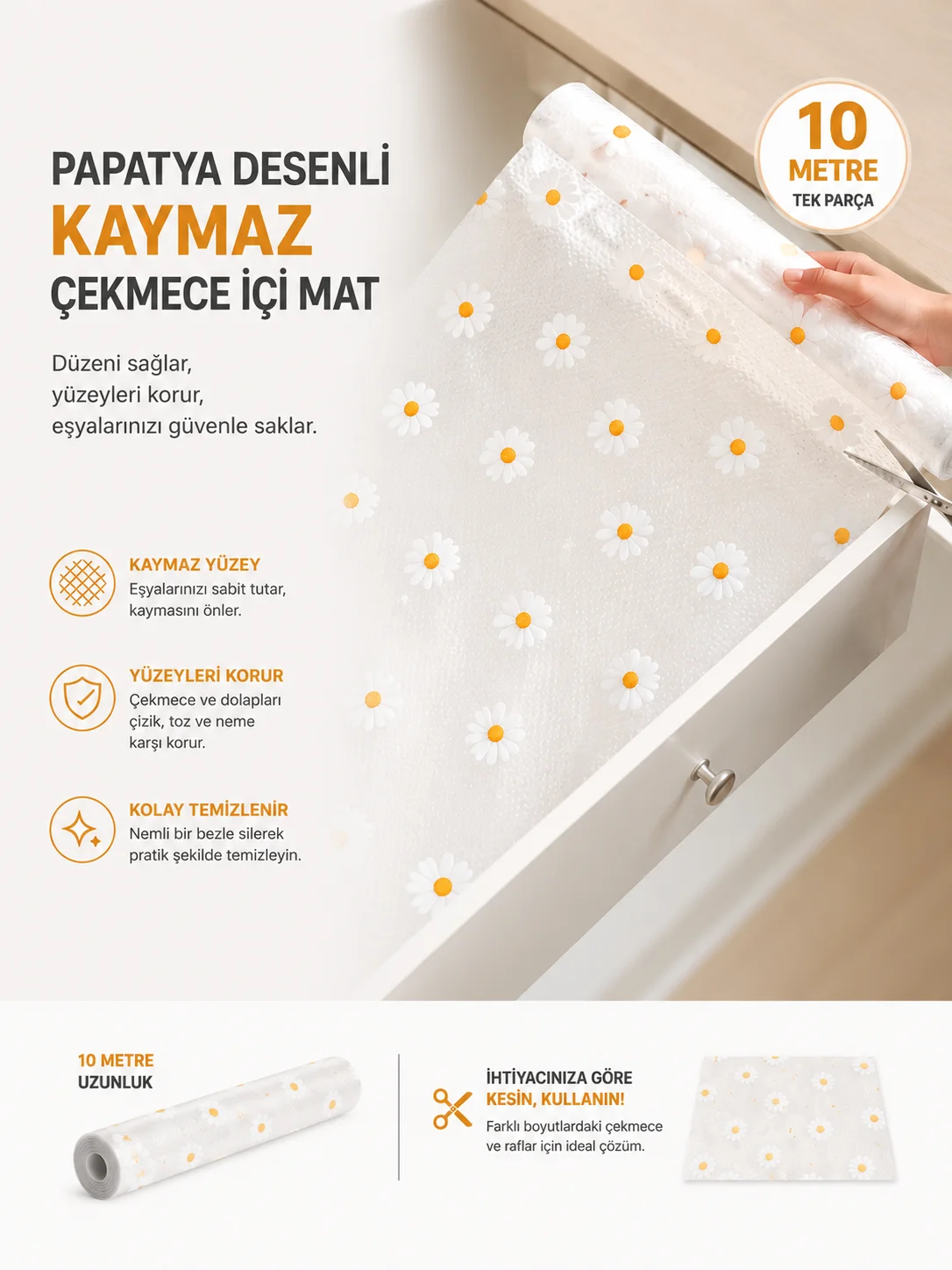 Papatya Desenli Kaymaz Dolap Ve Çekmece İçi Mat 10 Metre Fiyatı, Yorumları ve Özellikleri
