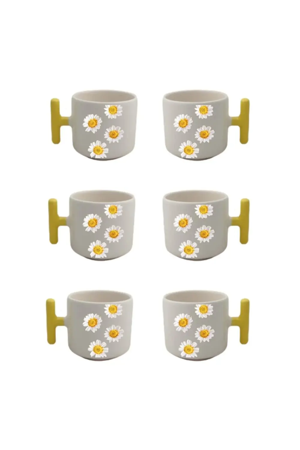 Papatya Desenli Sarı T Kulplu 6 Lı Set Fincan