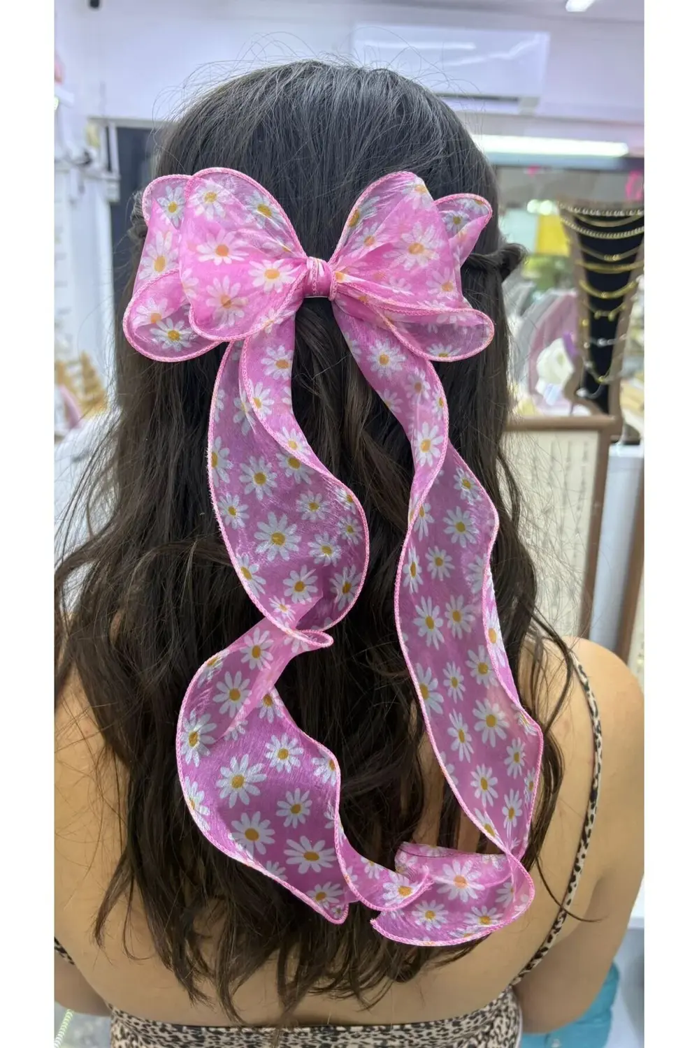 papatya desenli uzun kuyruklu otomatik klipsli organze tül fiyonk