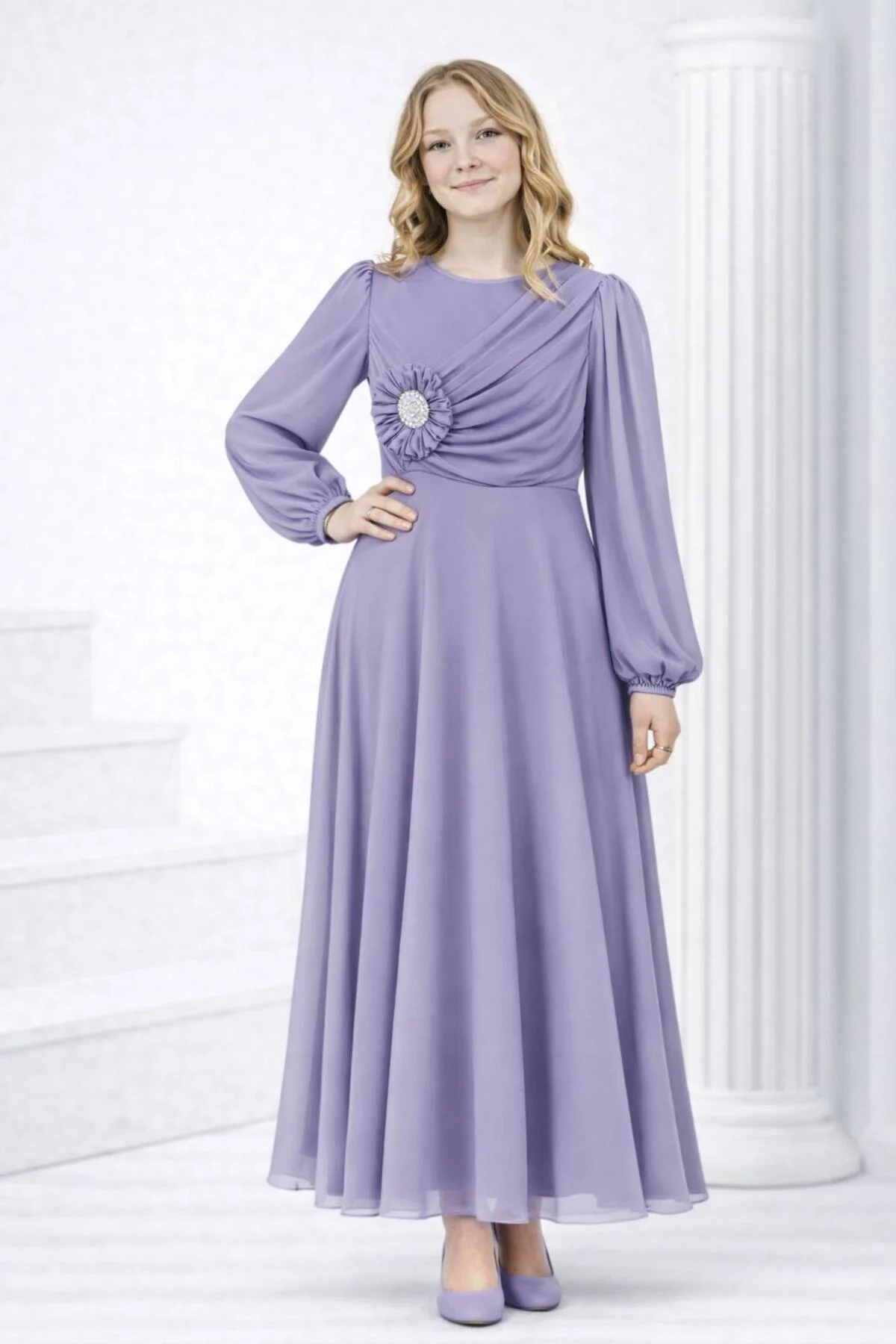 PAPATYA İNCİ DETAYLI ASTARLI KIZ ÇOCUĞU TESETTÜR ABİYE - ELBİSE