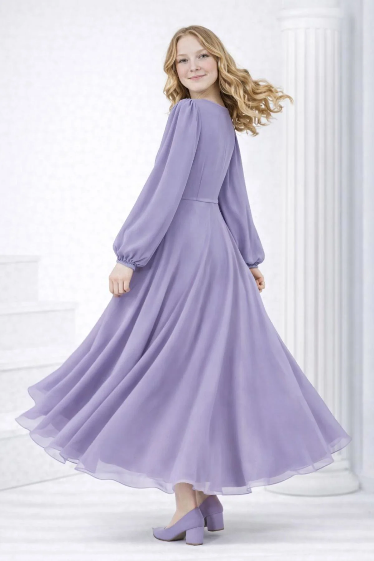 PAPATYA İNCİ DETAYLI ASTARLI KIZ ÇOCUĞU TESETTÜR ABİYE - ELBİSE