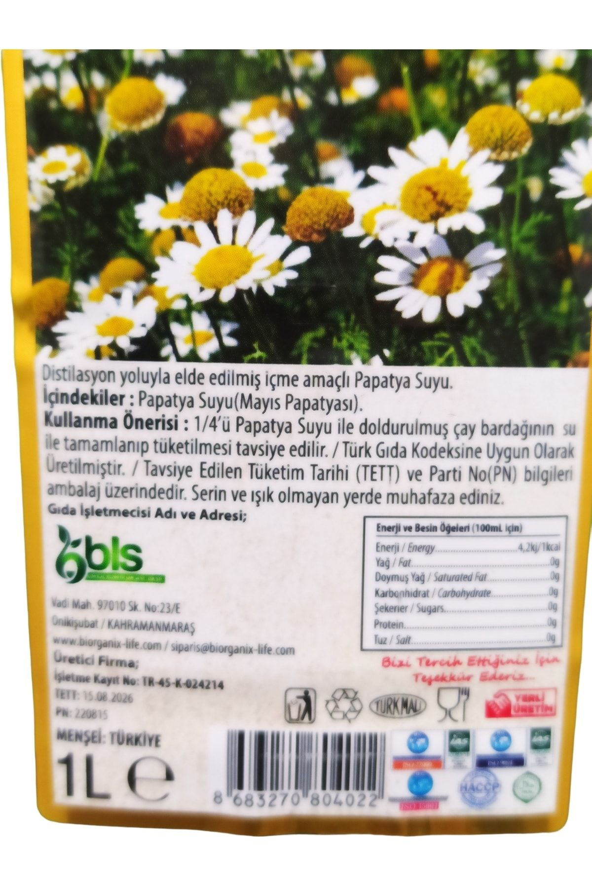 Biorganix Life Papatya, Kekik, Çakşir, Karabaş Suyu 1X4 Litre