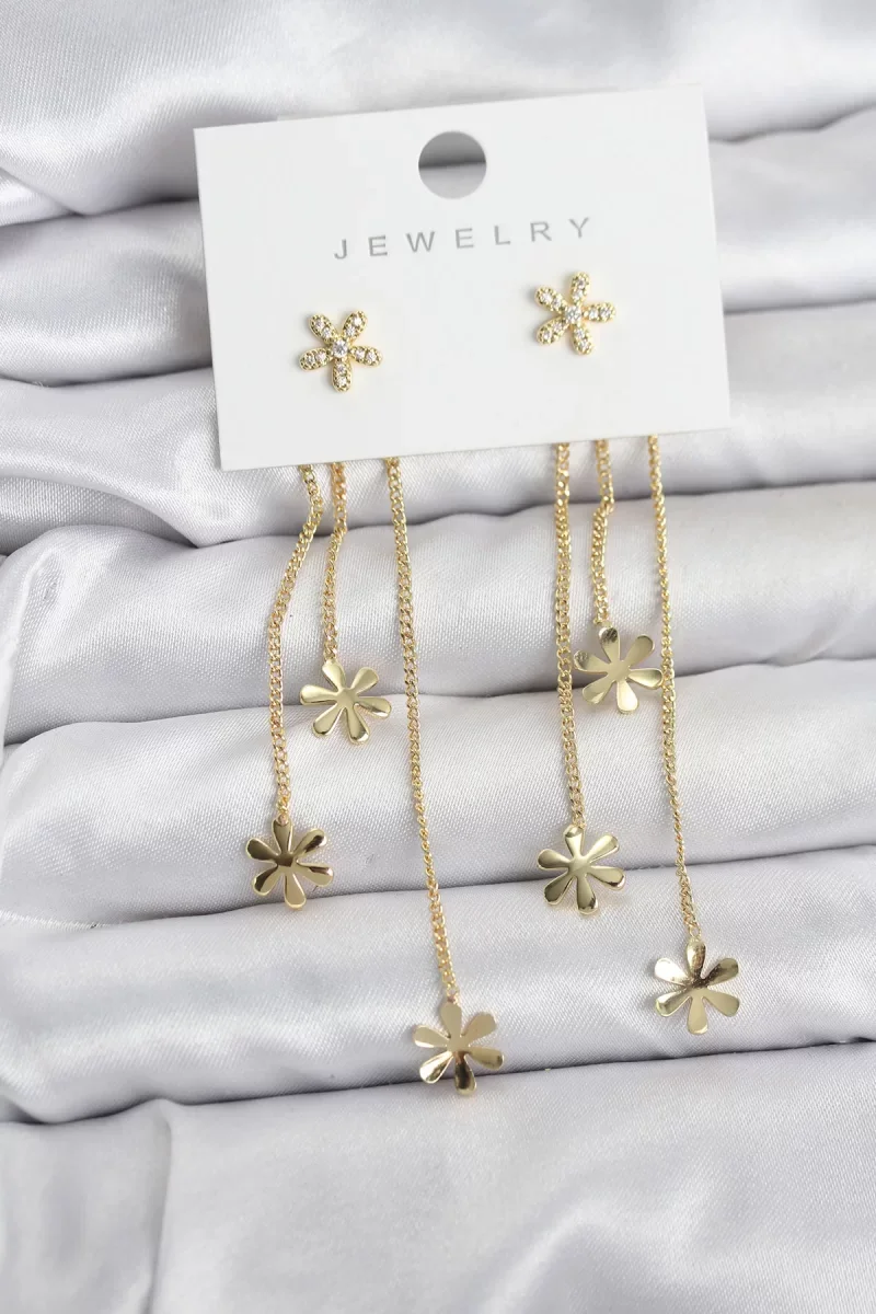 Papatya Model Gold Renk Pirinç Sallantılı Kadın Küpe - Lisinya