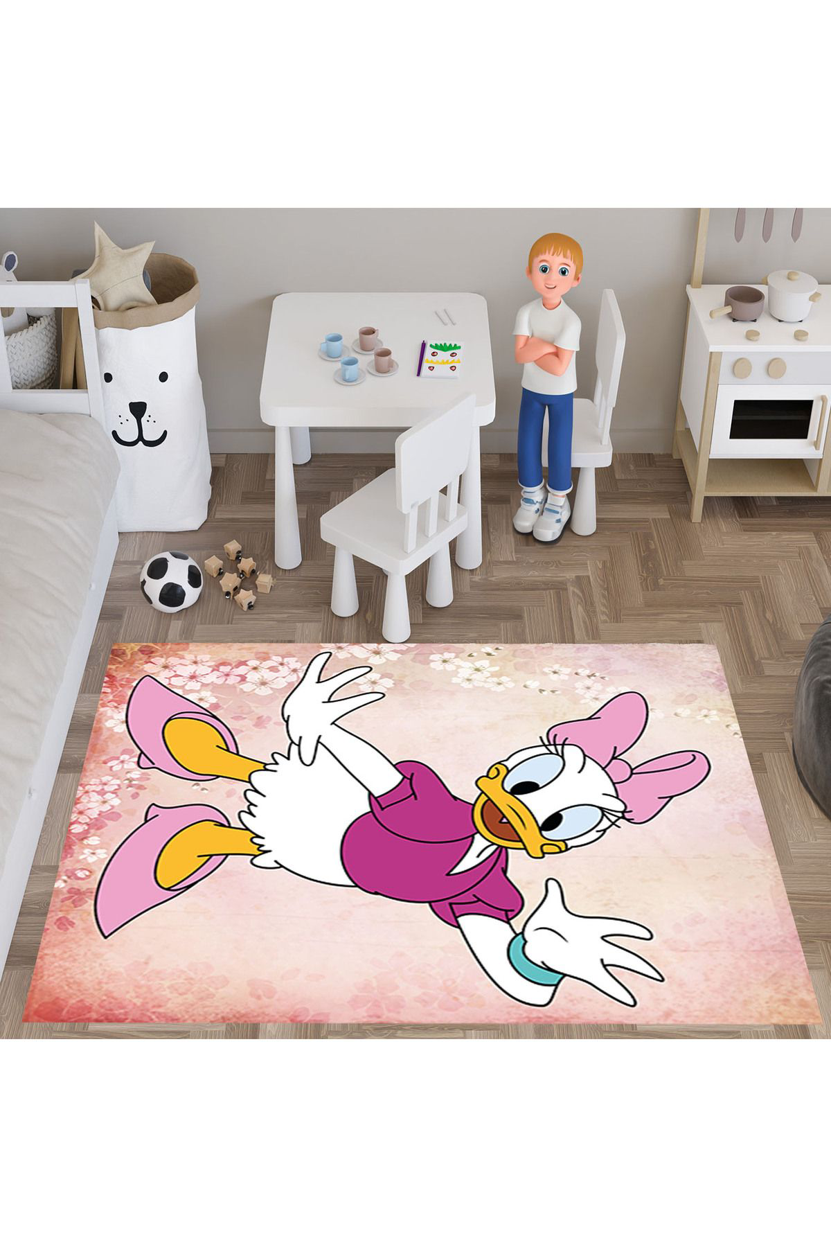 Evan Home Papatya Ördeği  Desenli  Dijital Baski Yikanabilir Kaymaz Taban Çocuk Odasi Halisi