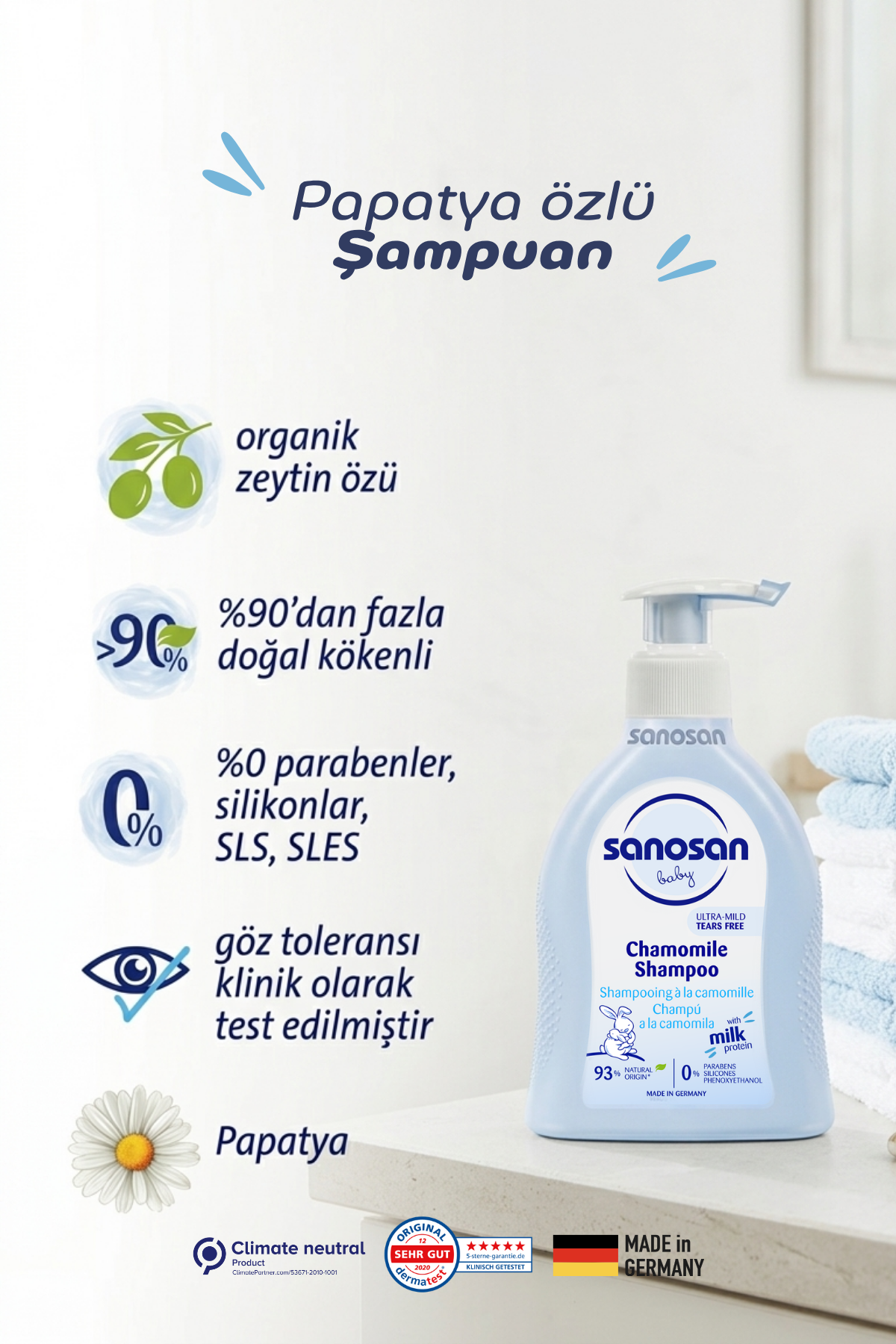 Papatya Özlü Bebek Şampuanı 200 ml – Göz Yakmayan, Süt Proteinli Kolay Tarama Bakımı