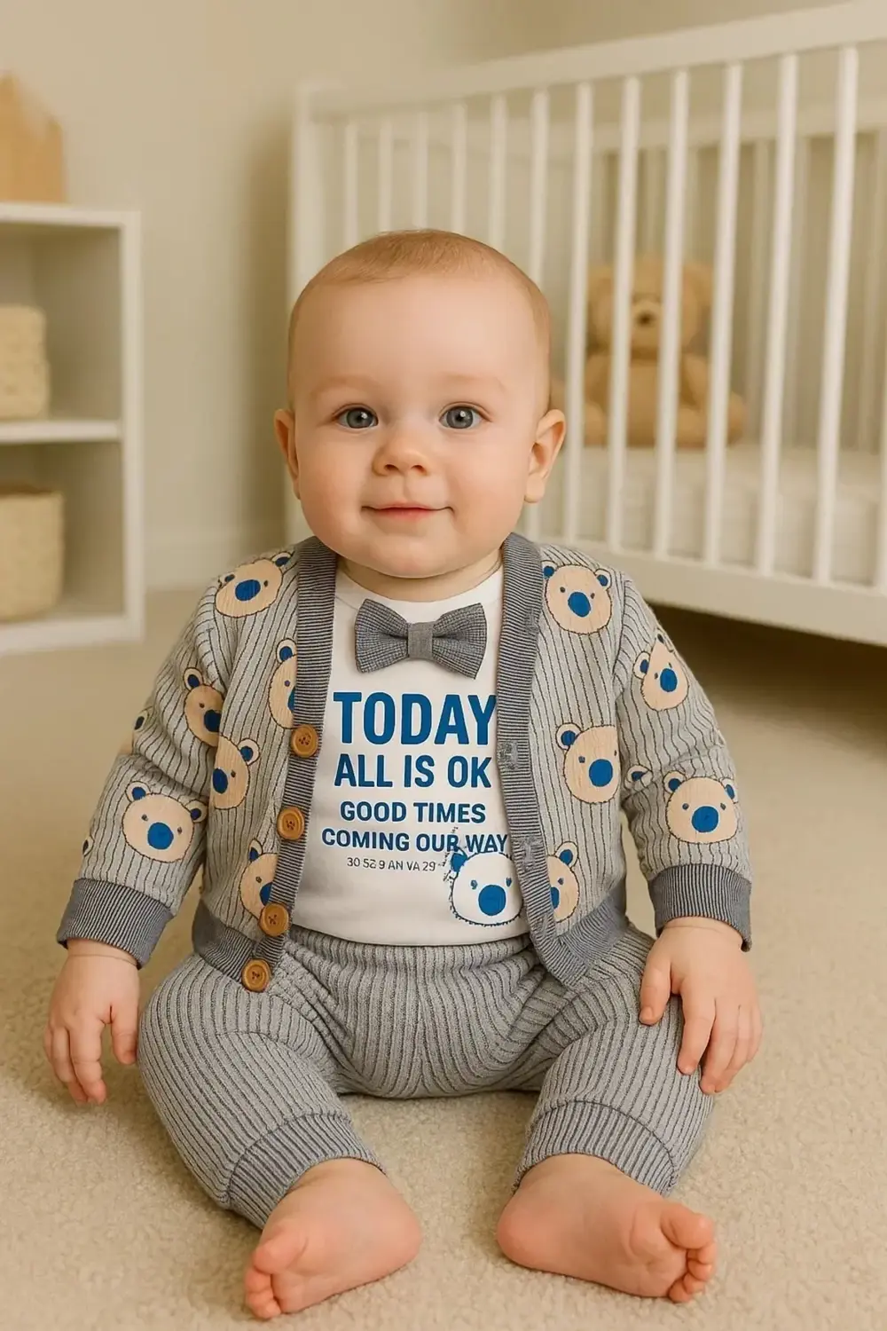 Papyonlu Bear Çizgili Model Ceketli 3'lü Erkek Bebek Takımı