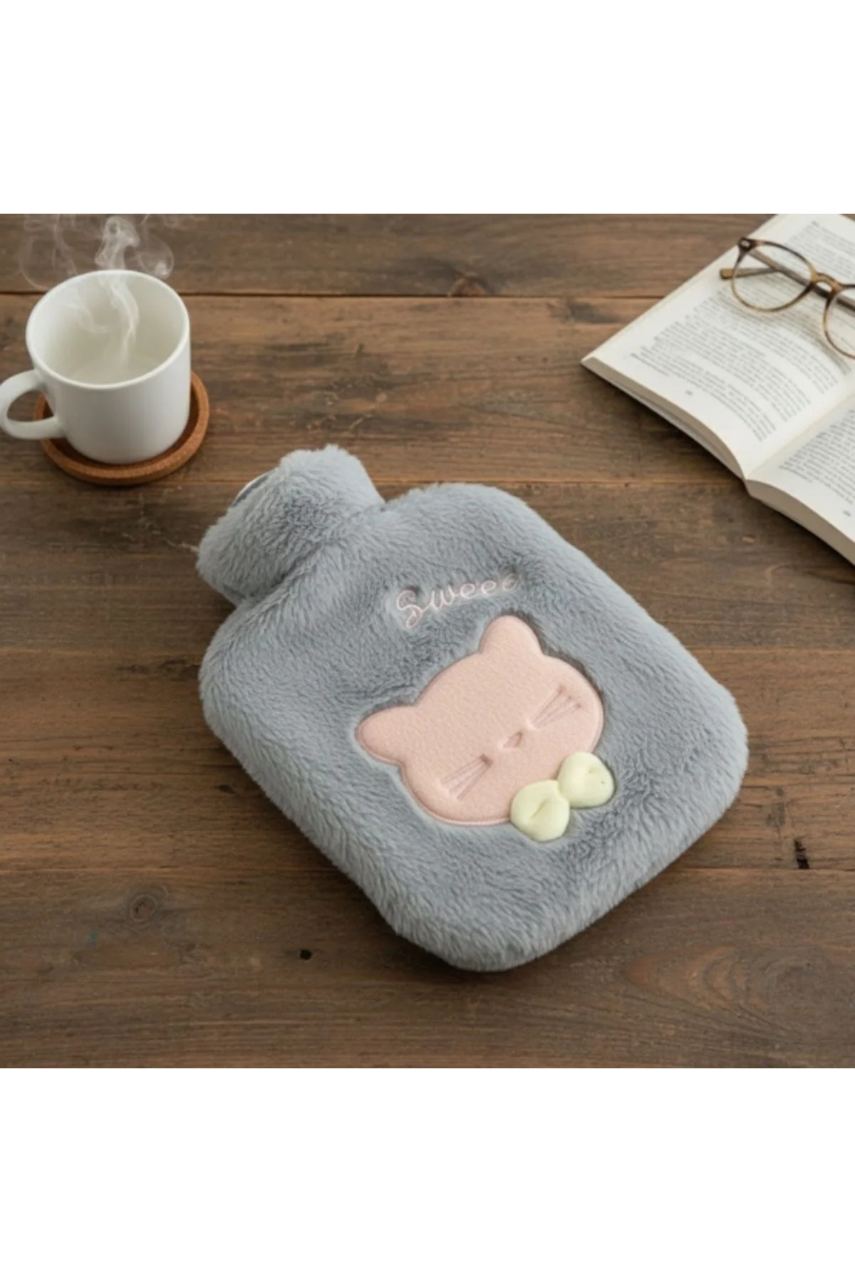 Papyonlu Kedi Figürlü Mavi Peluş Sıcak Su Torbası 1 Litre