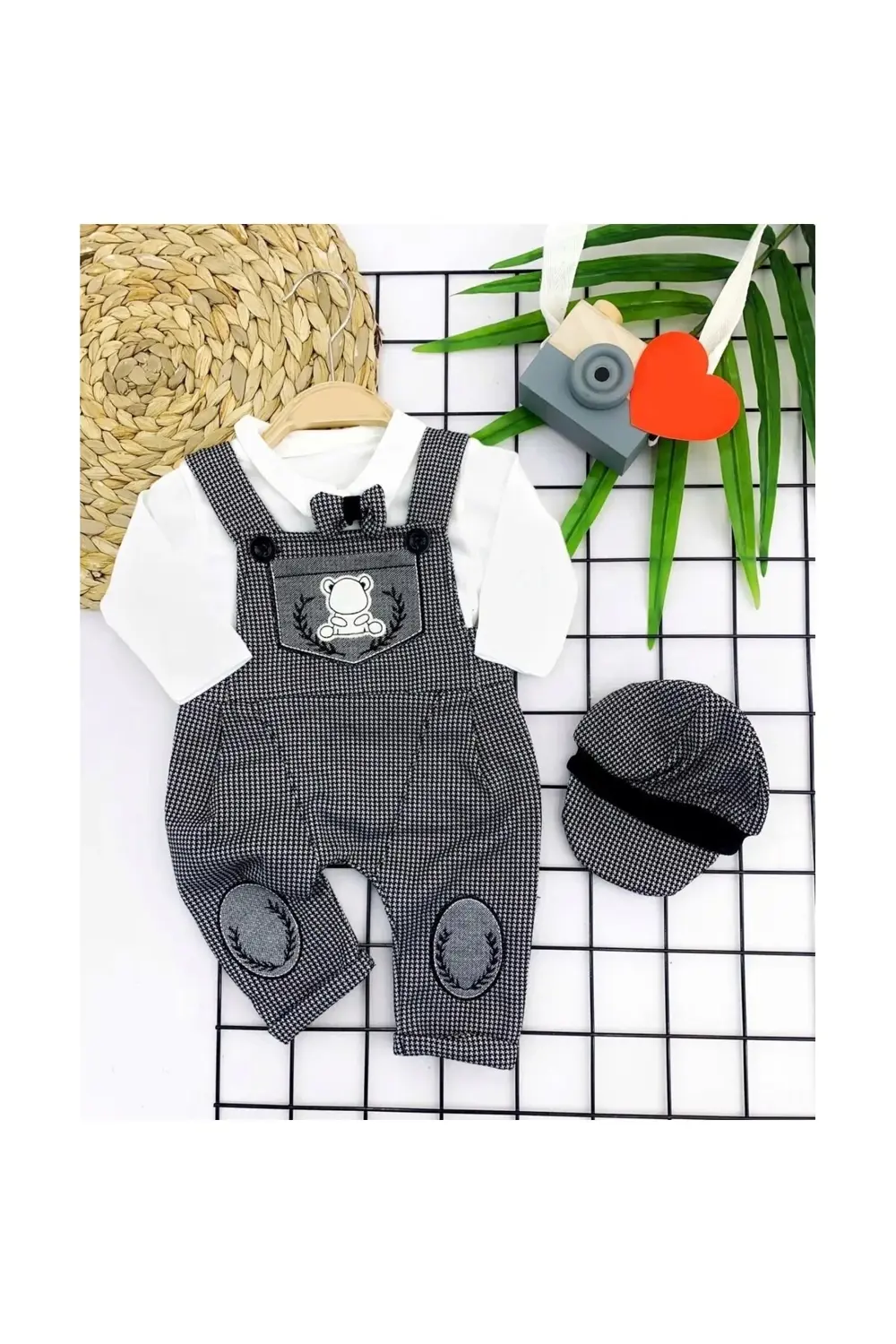 Papyonlu Kırçıl Nakış Detaylı Kasket Şapkalı Uzun Kollu 3lü Erkek