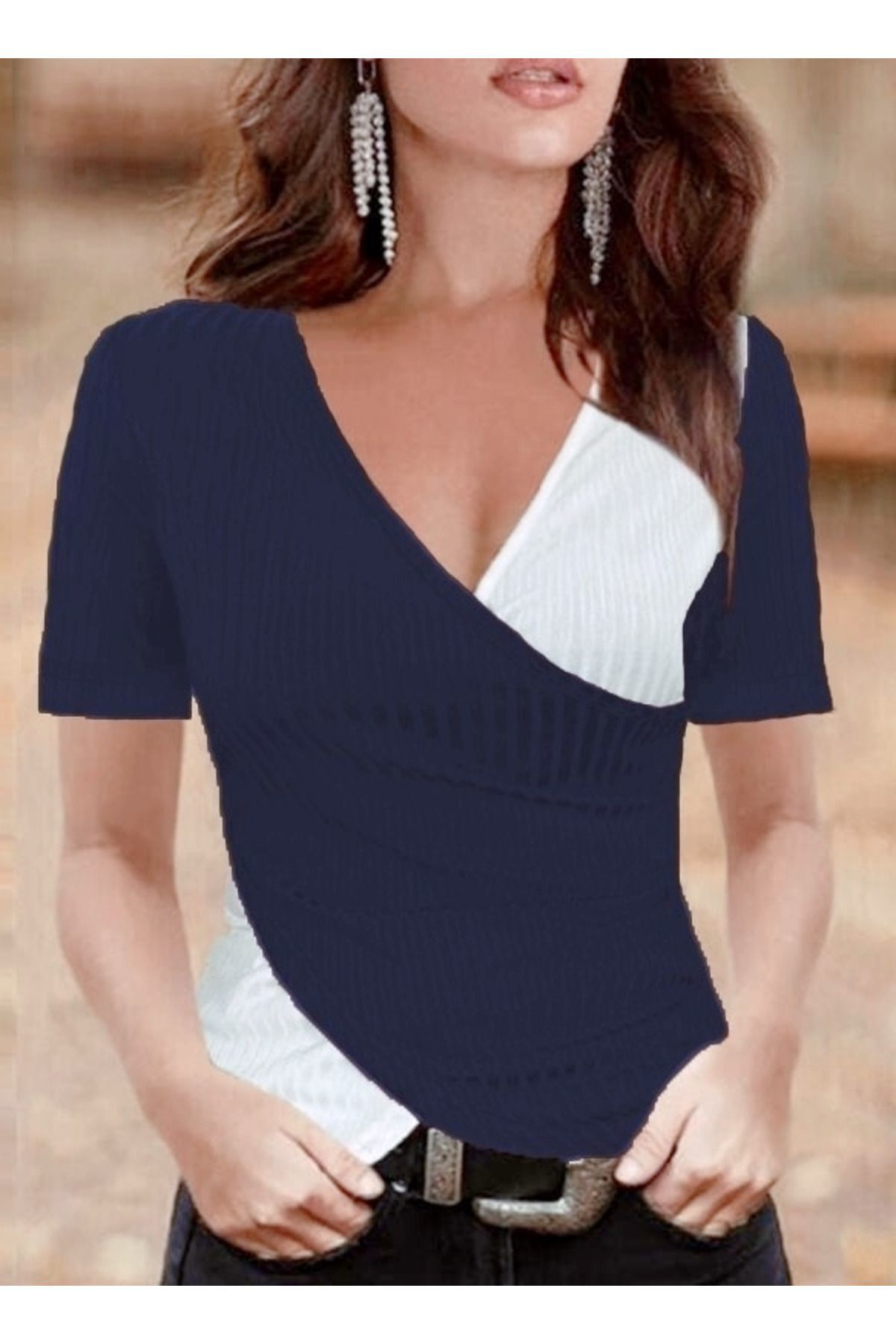 Parçalı Kaşkorse Kısa Kol Bluz