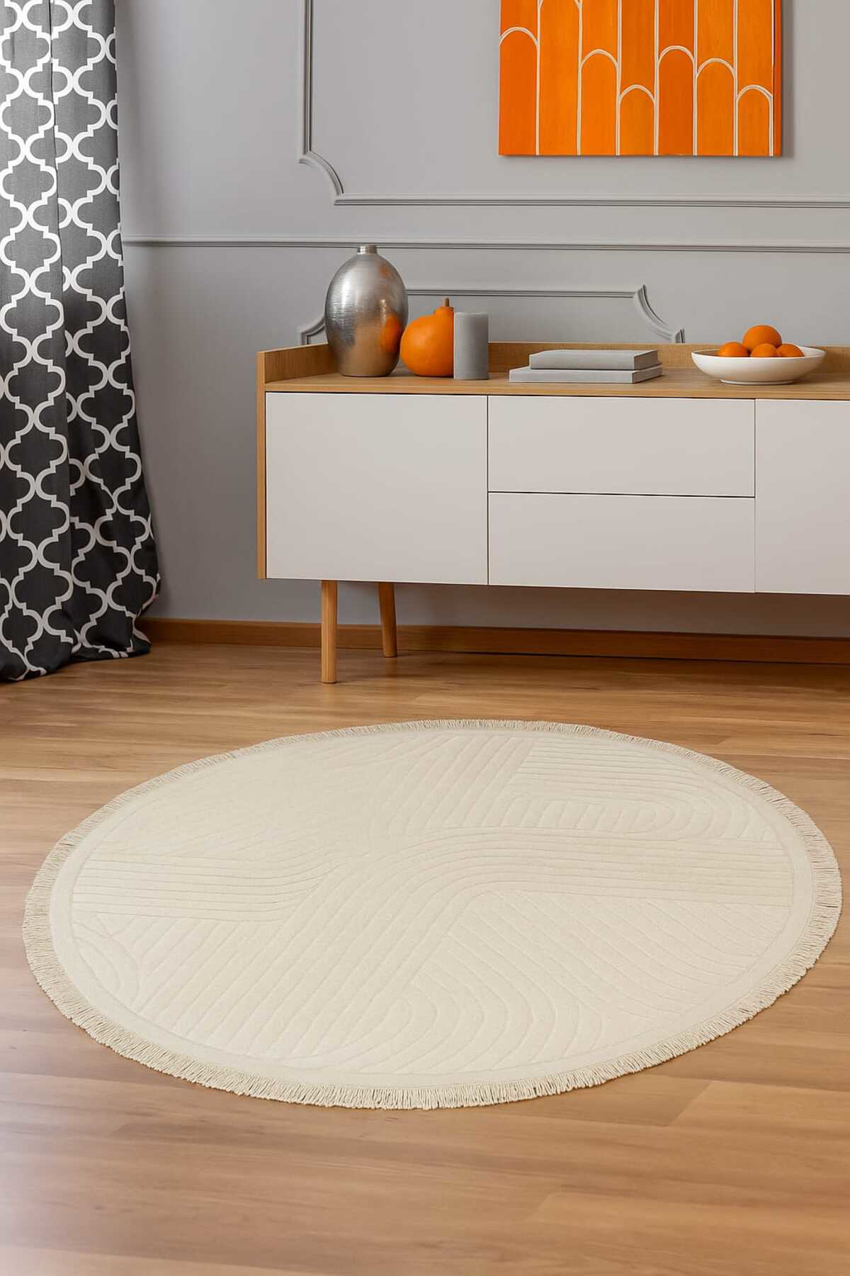 Pare Krem Yuvarlak Saçaklı Halı 80x80