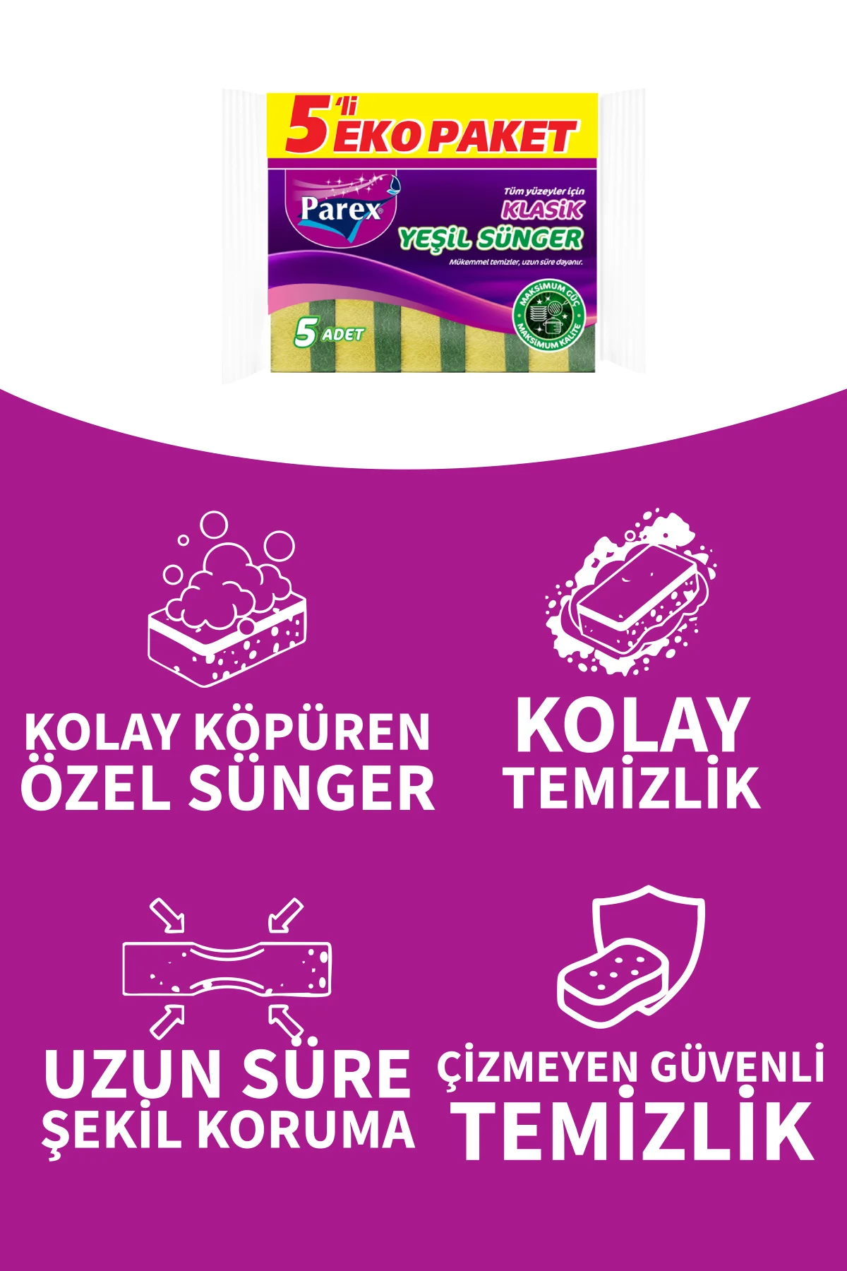 PAREXKlasik Yeşil Sünger Düz 5'li Paket