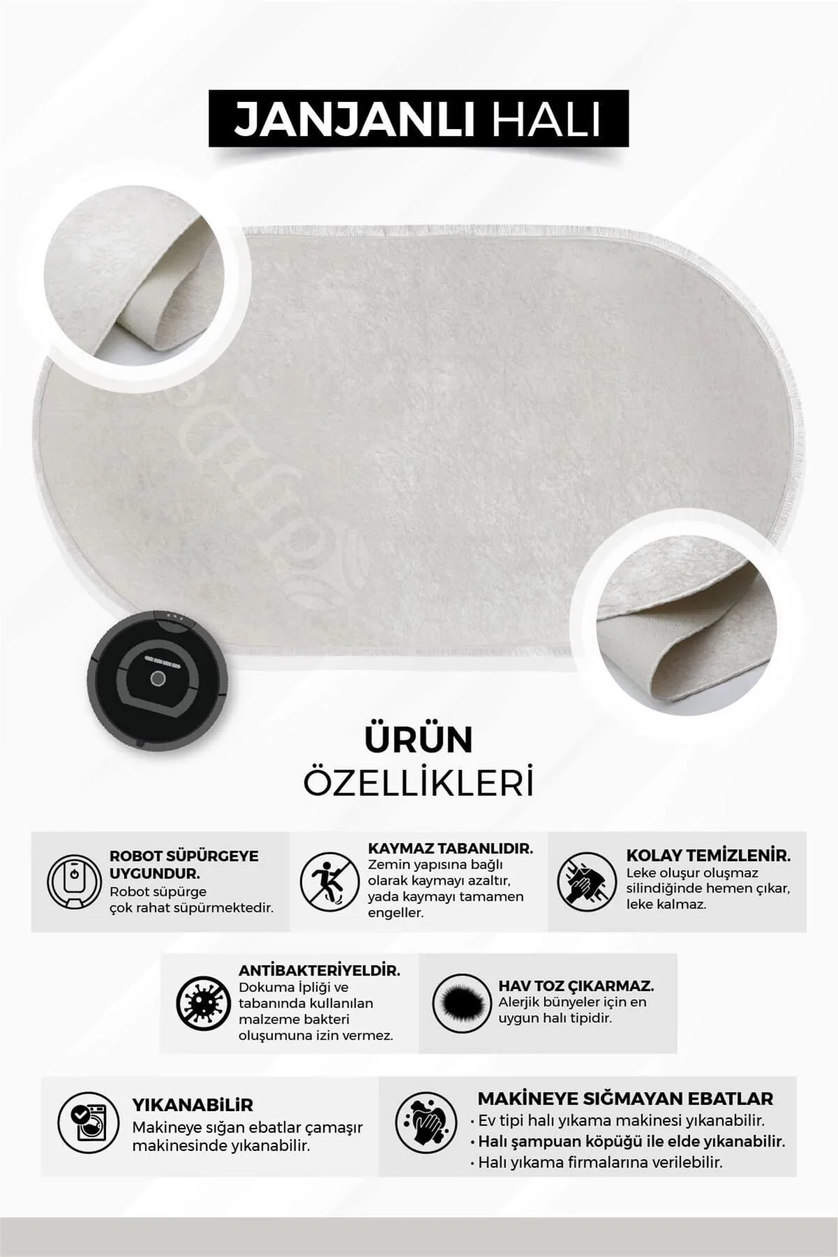 Parıltılı Oval Saçaklı Halı Açık Krem Silinebilir 160x250 (4 metrekare)