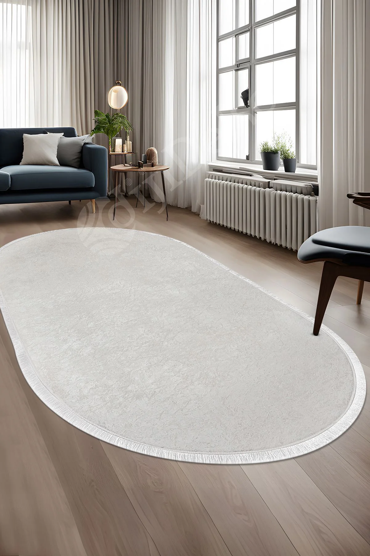 Parıltılı Oval Saçaklı Halı Açık Krem Silinebilir 200x300 (6 metrekare)