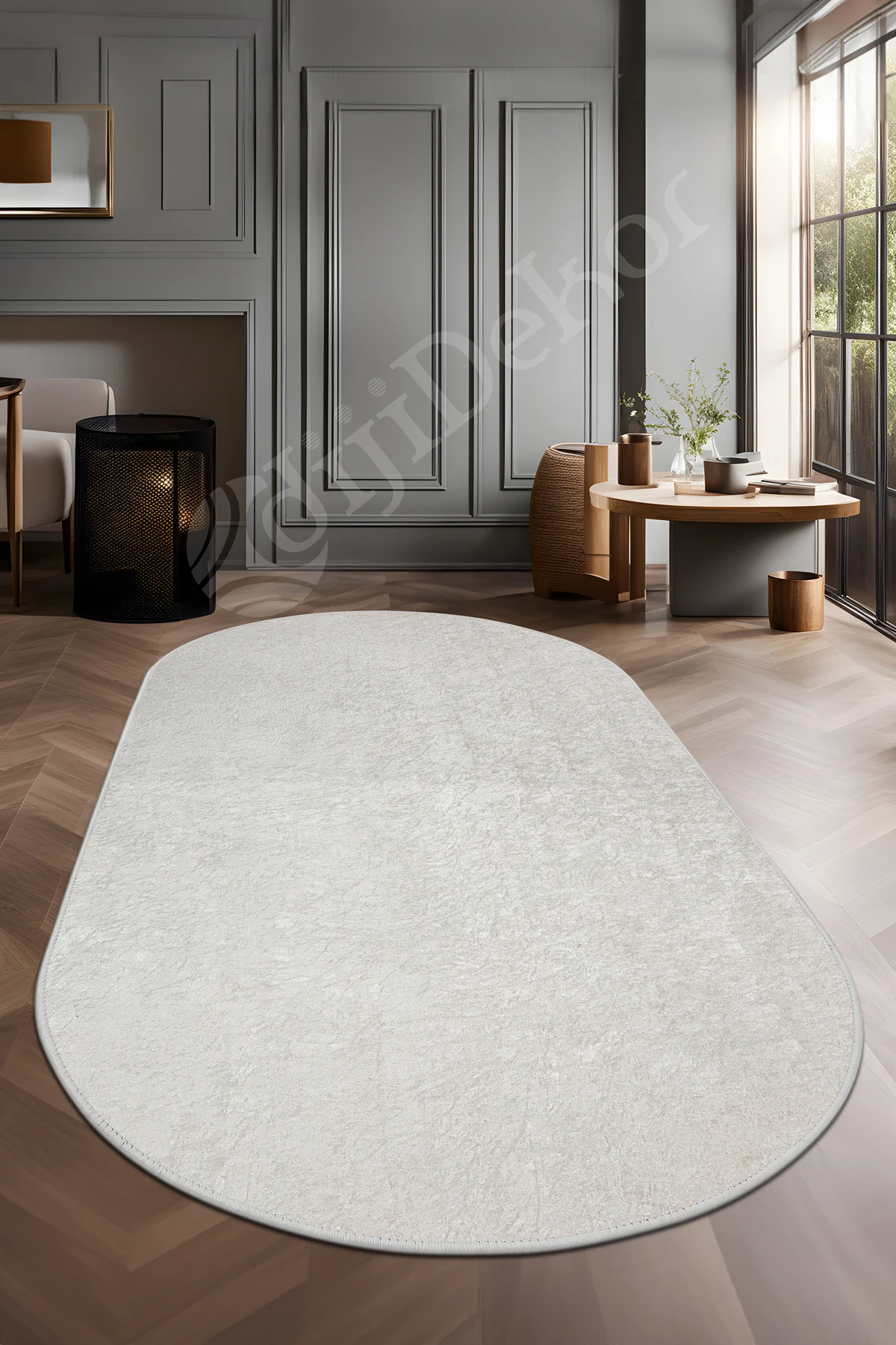Parıltılı Oval Saçaksız Halı Açık Krem Silinebilir Yolluk 160x250 (4 metrekare)