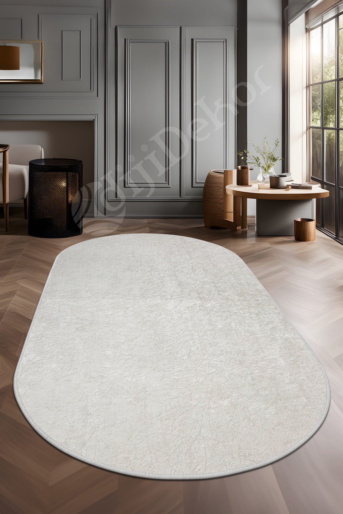 Parıltılı Oval Saçaksız Halı Açık Krem Silinebilir Yolluk 80x200