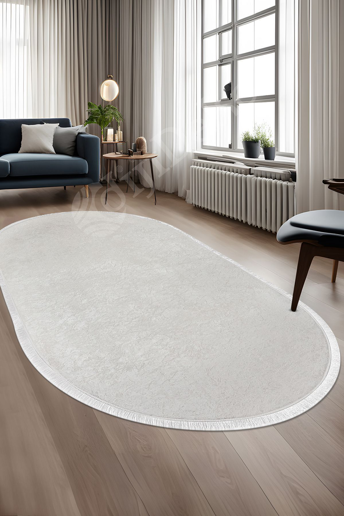 Parıltılı Oval Saçaklı Halı Açık Krem Silinebilir 120x700