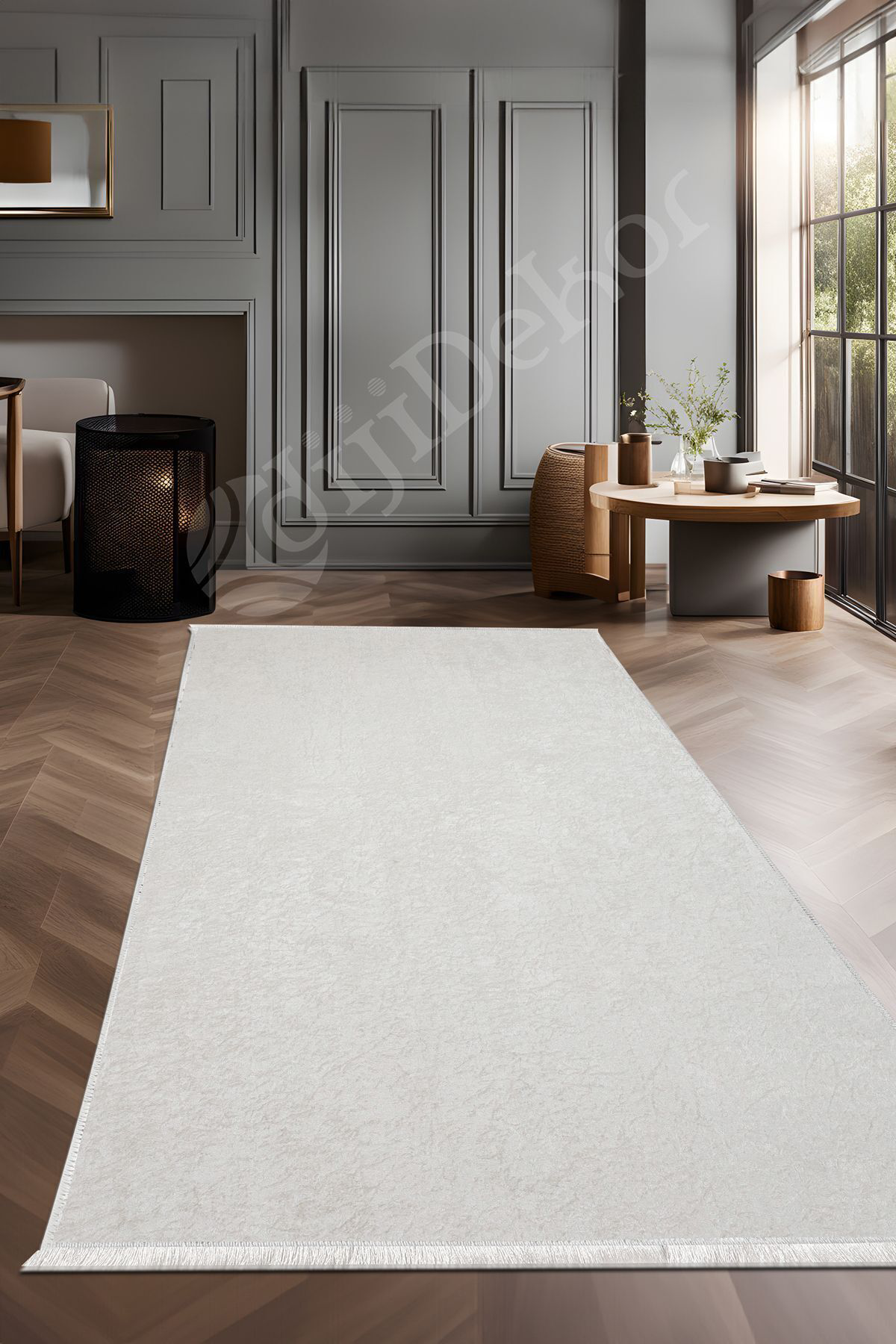 Parıltılı Saçaklı Halı Açık Krem Silinebilir 150x900