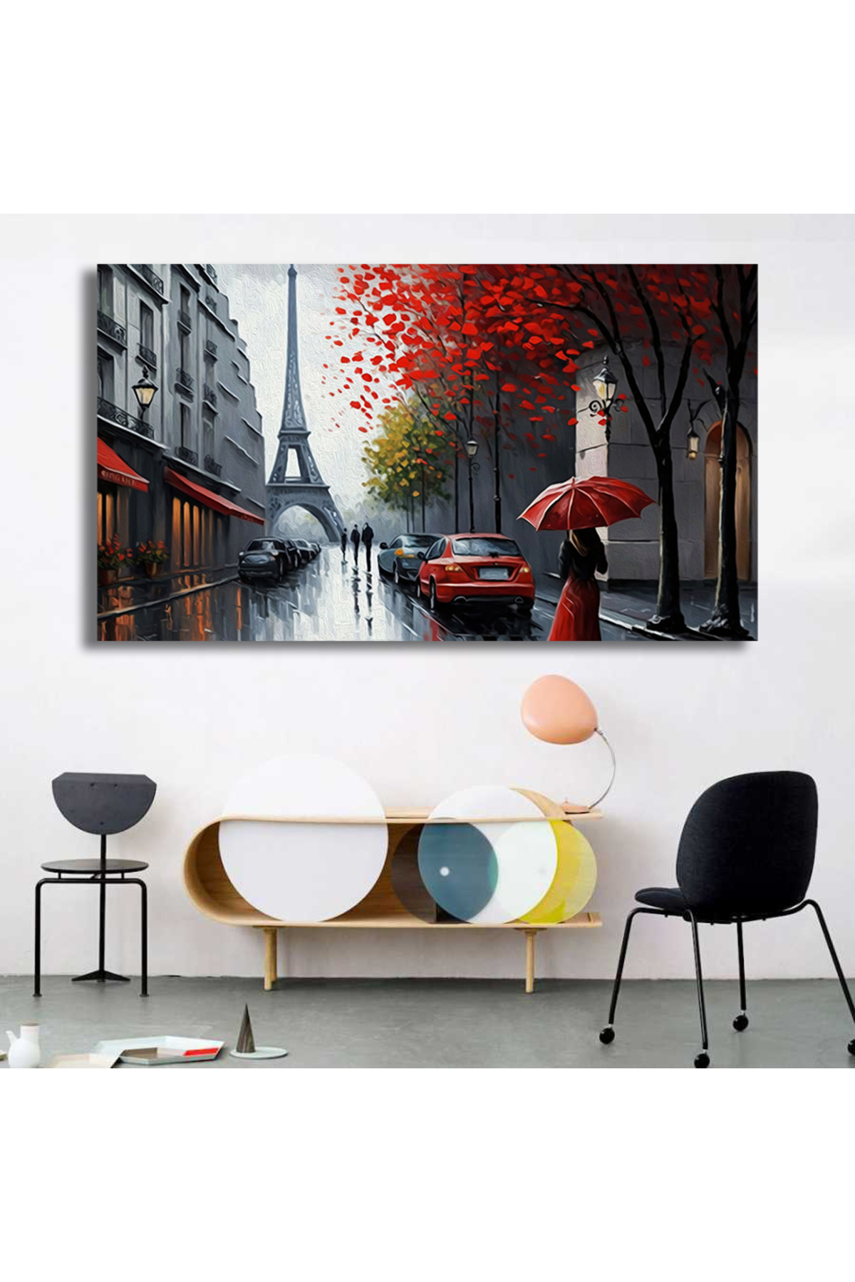 Korkmazkanvas Paris'in Sokak Görünümü. Eyfel Kulesi. Kırmızı Şemsiye Altındaki