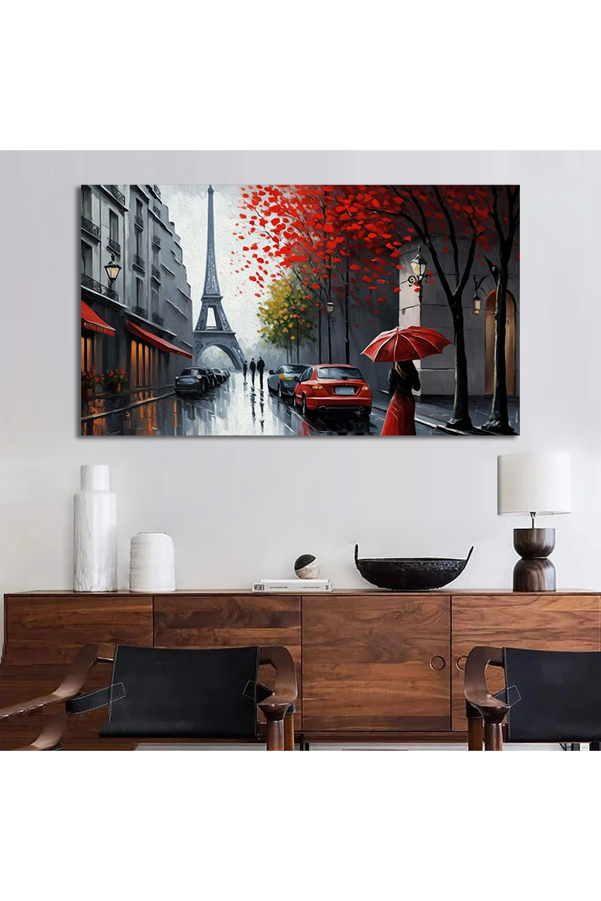 Korkmazkanvas Paris'in Sokak Görünümü. Eyfel Kulesi. Kırmızı Şemsiye Altındaki