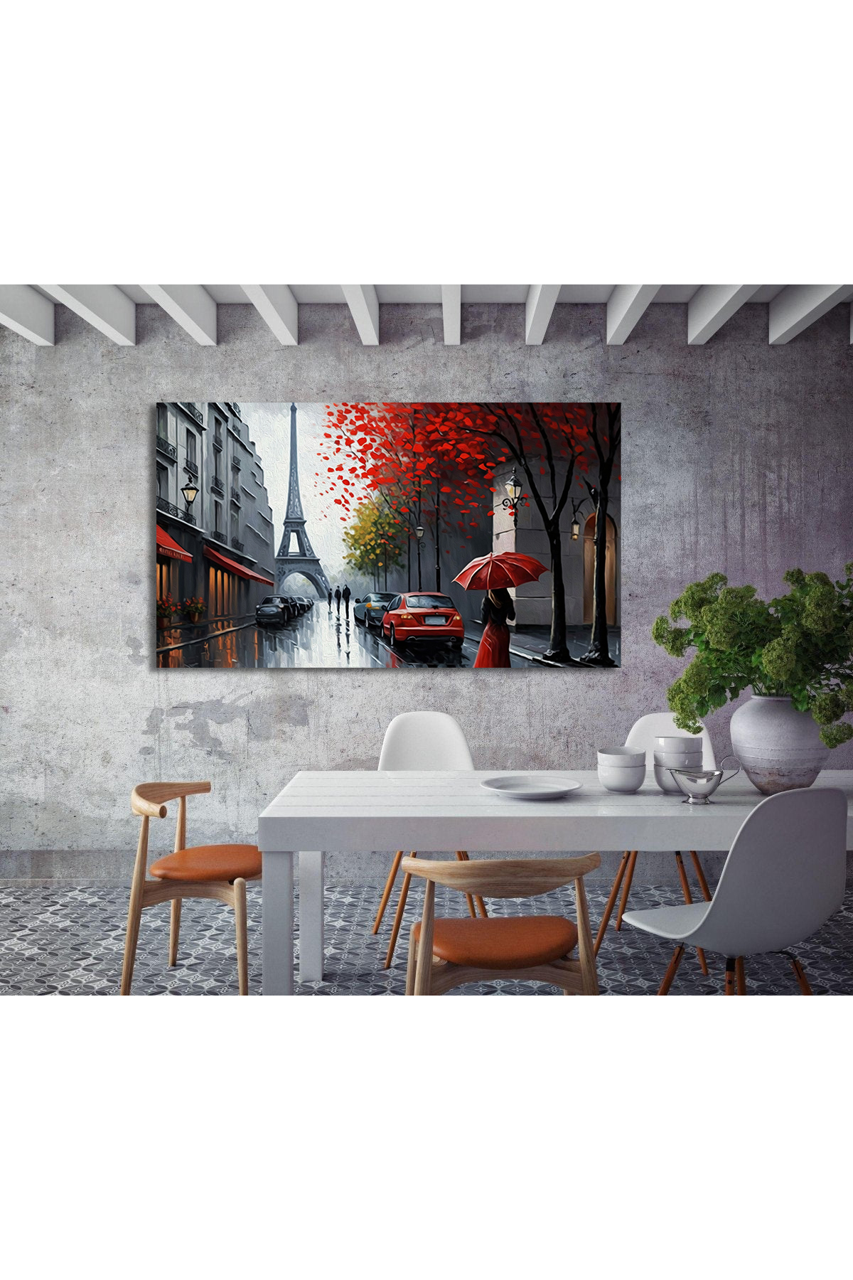 Korkmazkanvas Paris'in Sokak Görünümü. Eyfel Kulesi. Kırmızı Şemsiye Altındaki