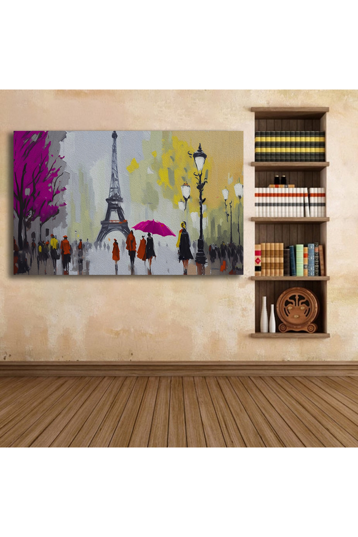 Paris’in sokak görünümü. Eyfel Kulesi.Pembe bir şemsiyenin altınd