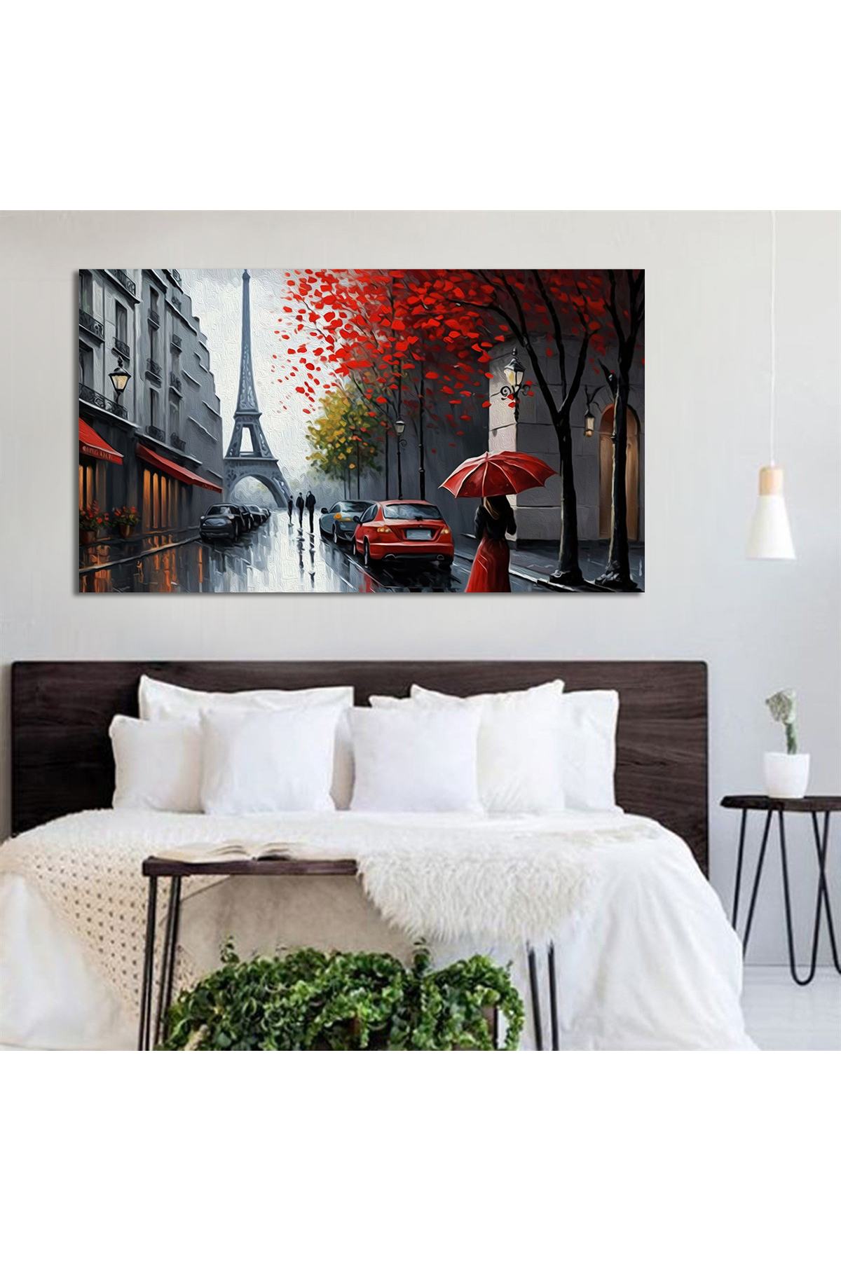 Korkmazkanvas Paris'in Sokak Görünümü. Eyfel Kulesi. Kırmızı Şemsiye Altındaki