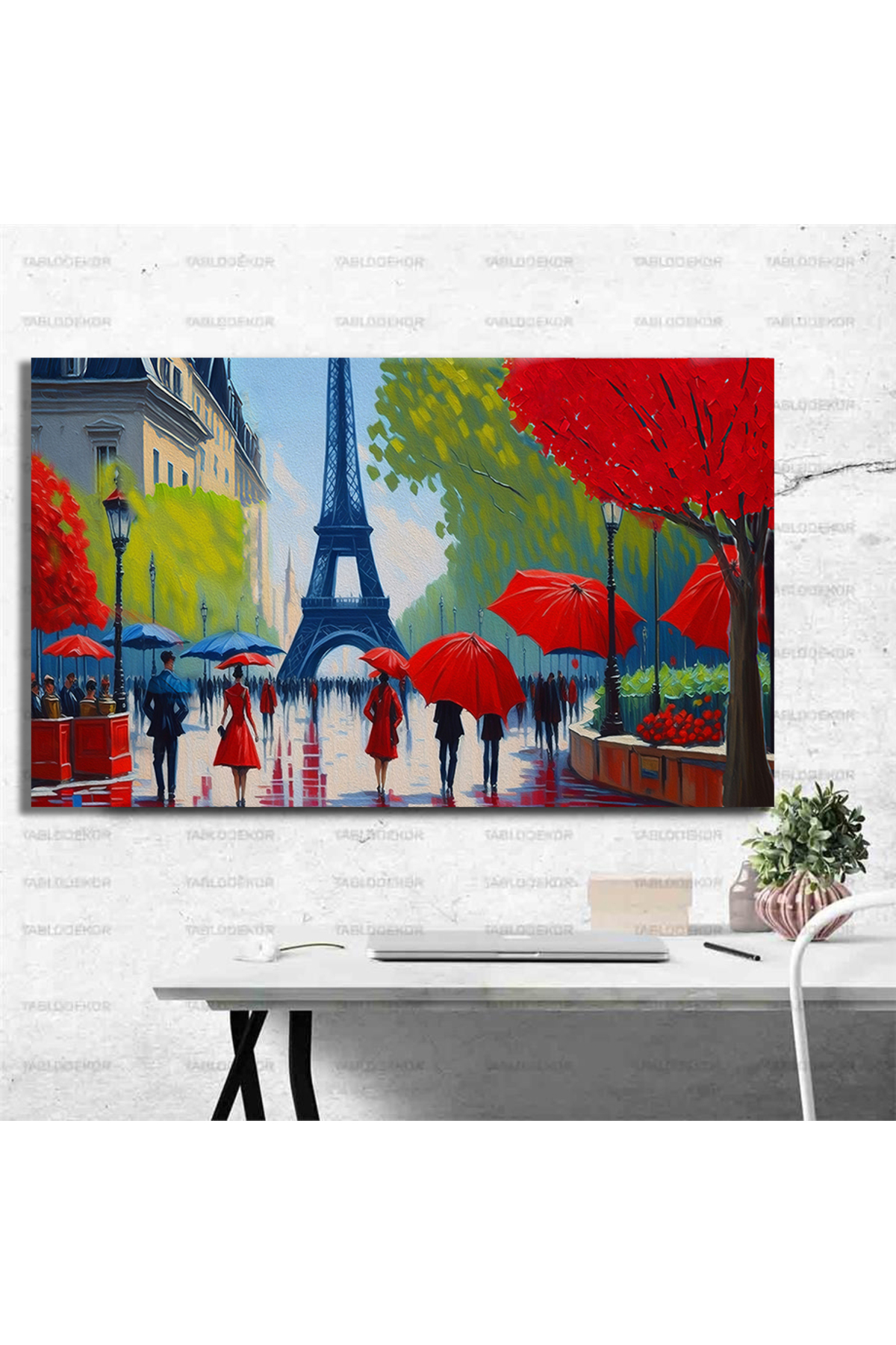 Korkmazkanvas Paris'in Sokak Manzarası. Sanat Eseri. Eyfel Kulesi Halkı Kırmızı