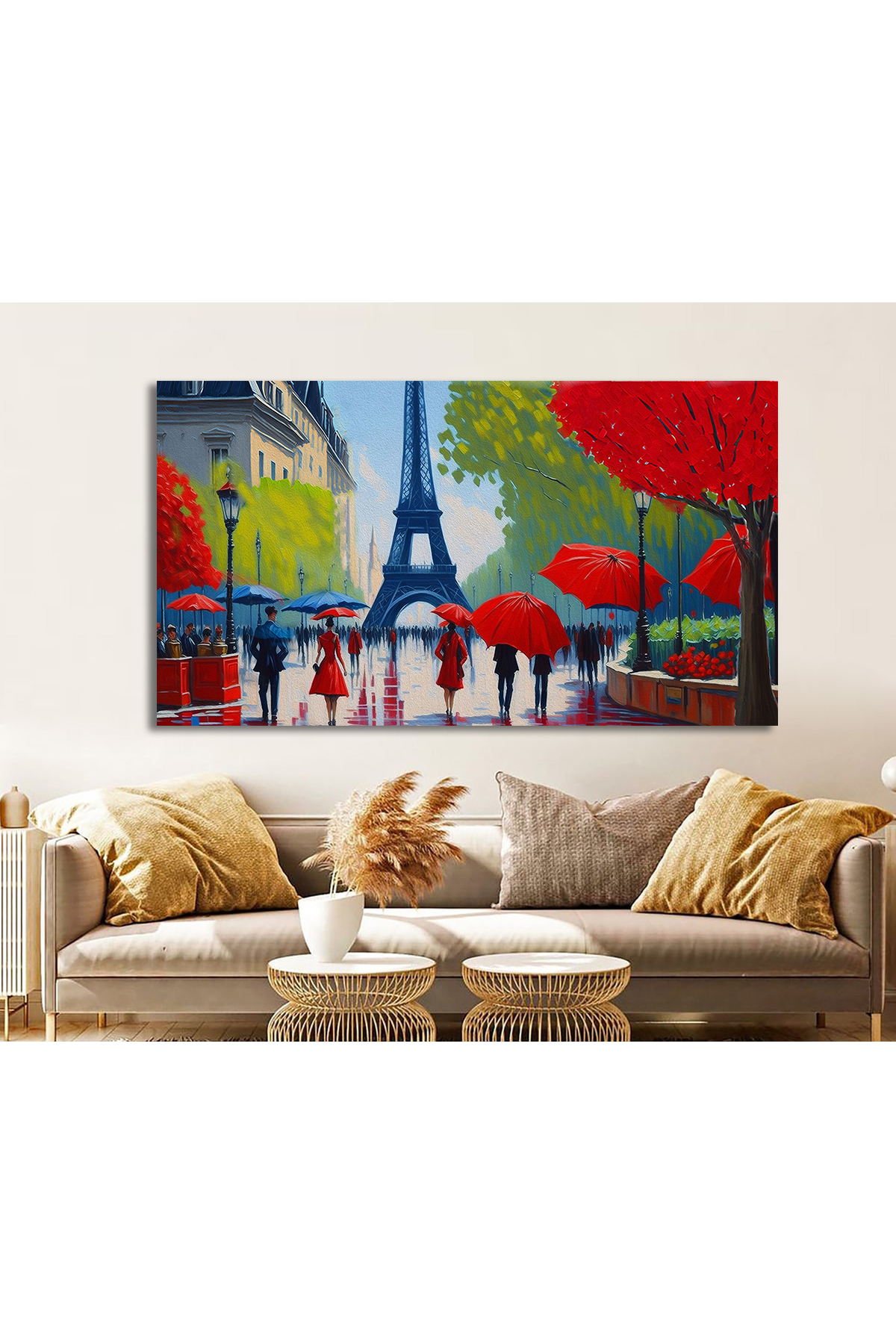 Korkmazkanvas Paris'in Sokak Manzarası. Sanat Eseri. Eyfel Kulesi Halkı Kırmızı