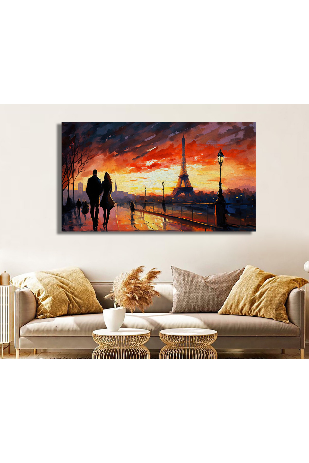 Korkmazkanvas Paris'te Gün Batımını Ve Eyfel Kulesi'ni Seyreden Çift. Kanvas Ta