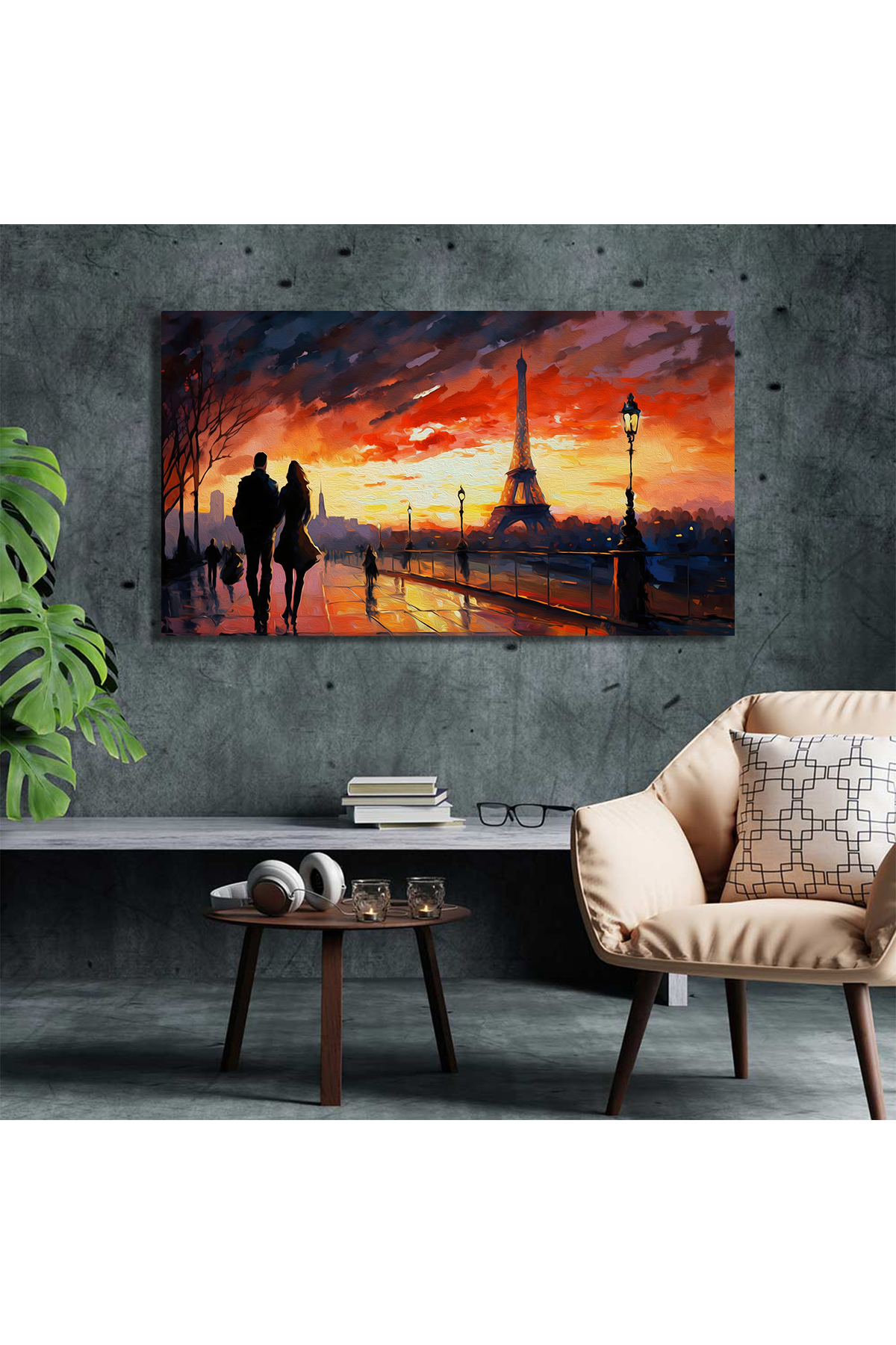 Korkmazkanvas Paris'te Gün Batımını Ve Eyfel Kulesi'ni Seyreden Çift. Kanvas Ta