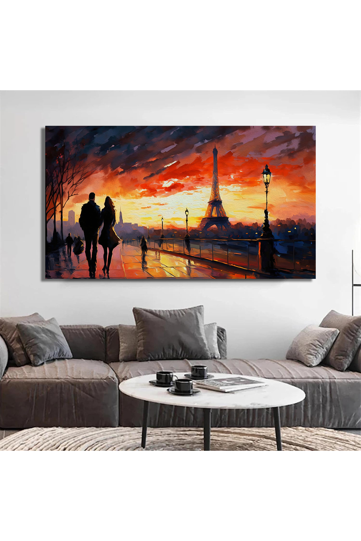 Korkmazkanvas Paris'te Gün Batımını Ve Eyfel Kulesi'ni Seyreden Çift. Kanvas Ta