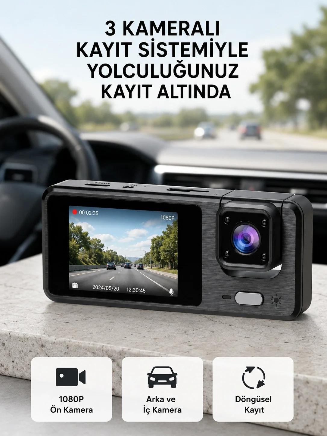 Park Modlu 3 Kameralı Araç Kayıt Cihazı 1080P Ön Kamera 2’’ Ekran Fiyatı, Yorumları ve Özellikleri