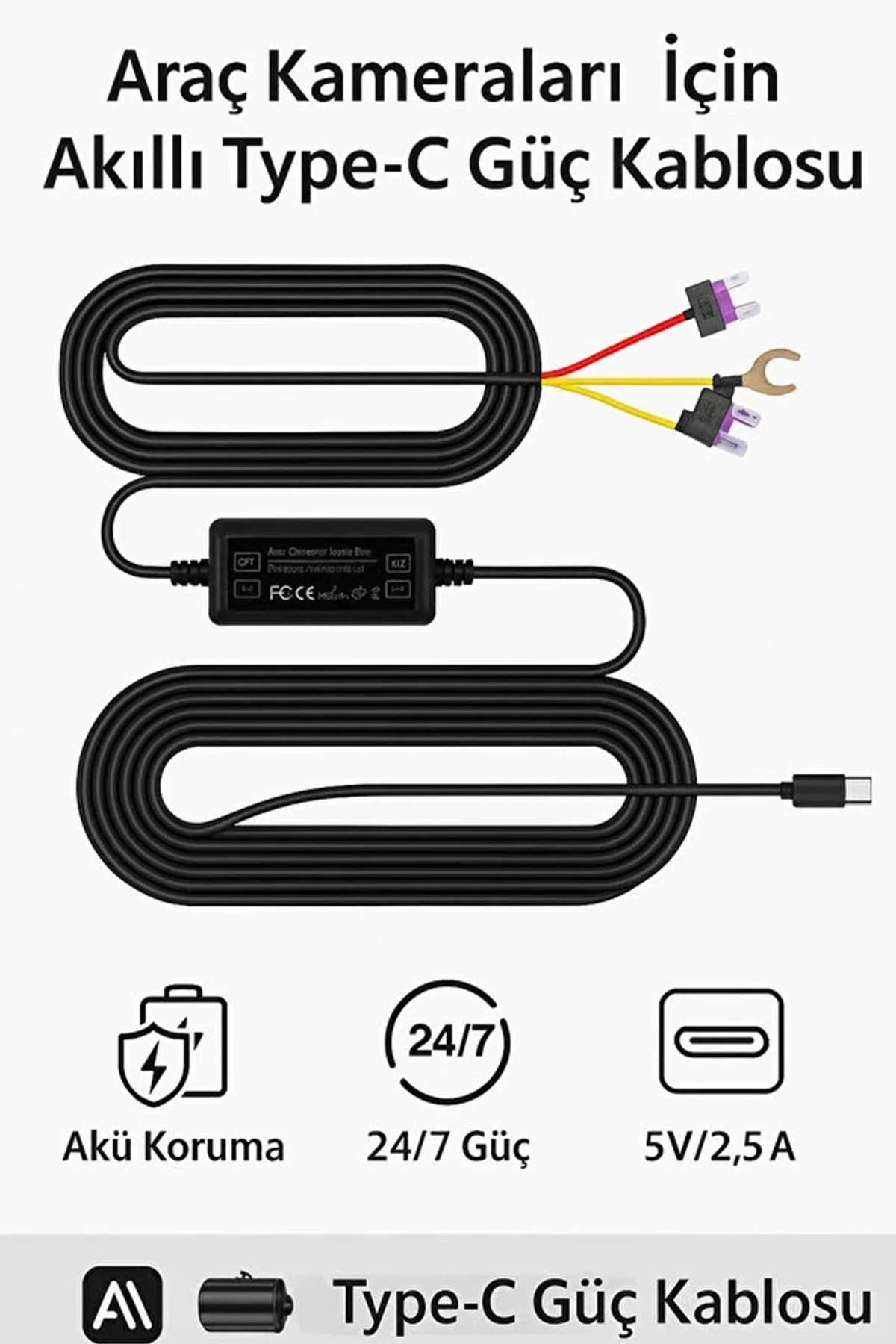 Park Modu Kablosu Type-c Akü Sigorta Bağlantı Kablosu Araç İçi Ka