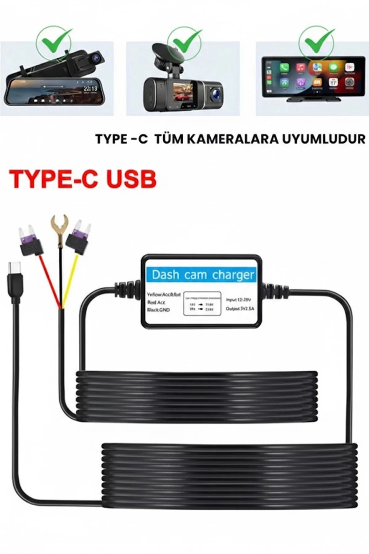 Park Modu Kablosu Type-c Akü Sigorta Bağlantı Kablosu Araç İçi Ka