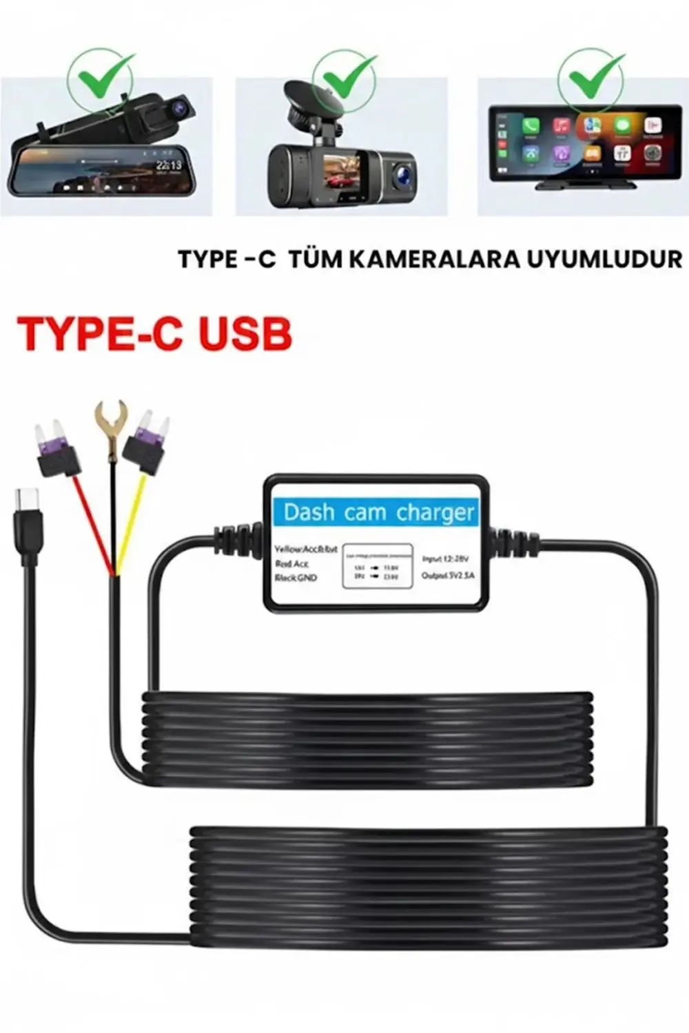 Park Modu Kablosu Type-c Akü Sigorta Bağlantı Kablosu Araç İçi Ka