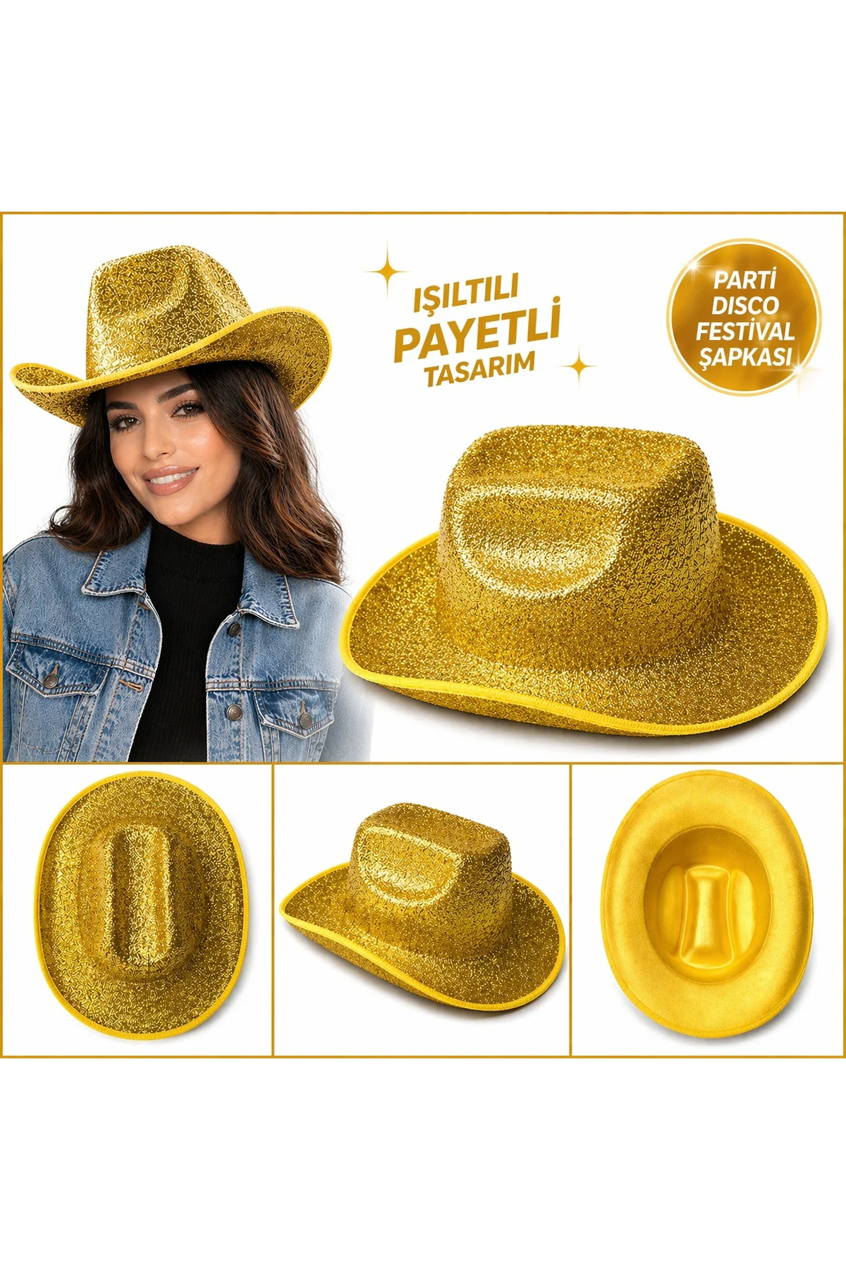 Parlak Altın Gold Kovboy Şapka Kadın Erkek Parti Disco Festival Ş Parlak Altın Gold Kovboy Şapka Kadın Erkek Parti Disco Festival Ş